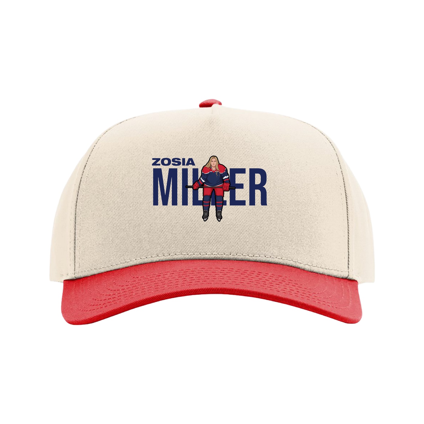 Full Fabric Five-Panel Champ Cap — Player Name in Cream/Red