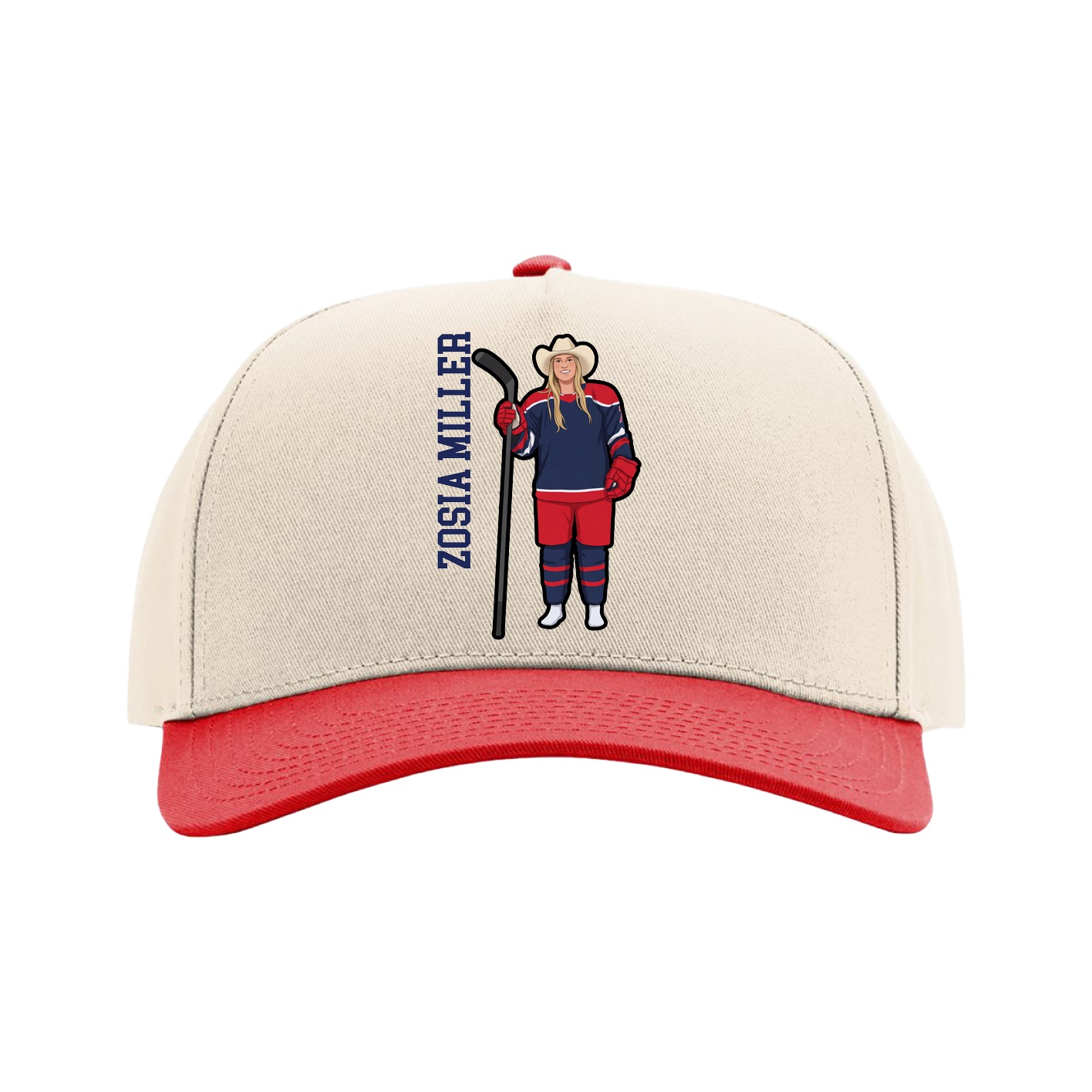 Full Fabric Five-Panel Champ Cap — Name Vertical in Cream/Red