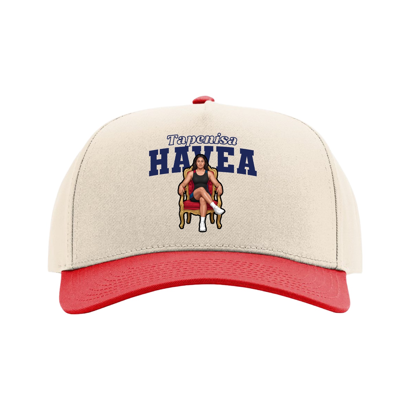 Full Fabric Five-Panel Champ Cap — Name Arch in Cream/Red