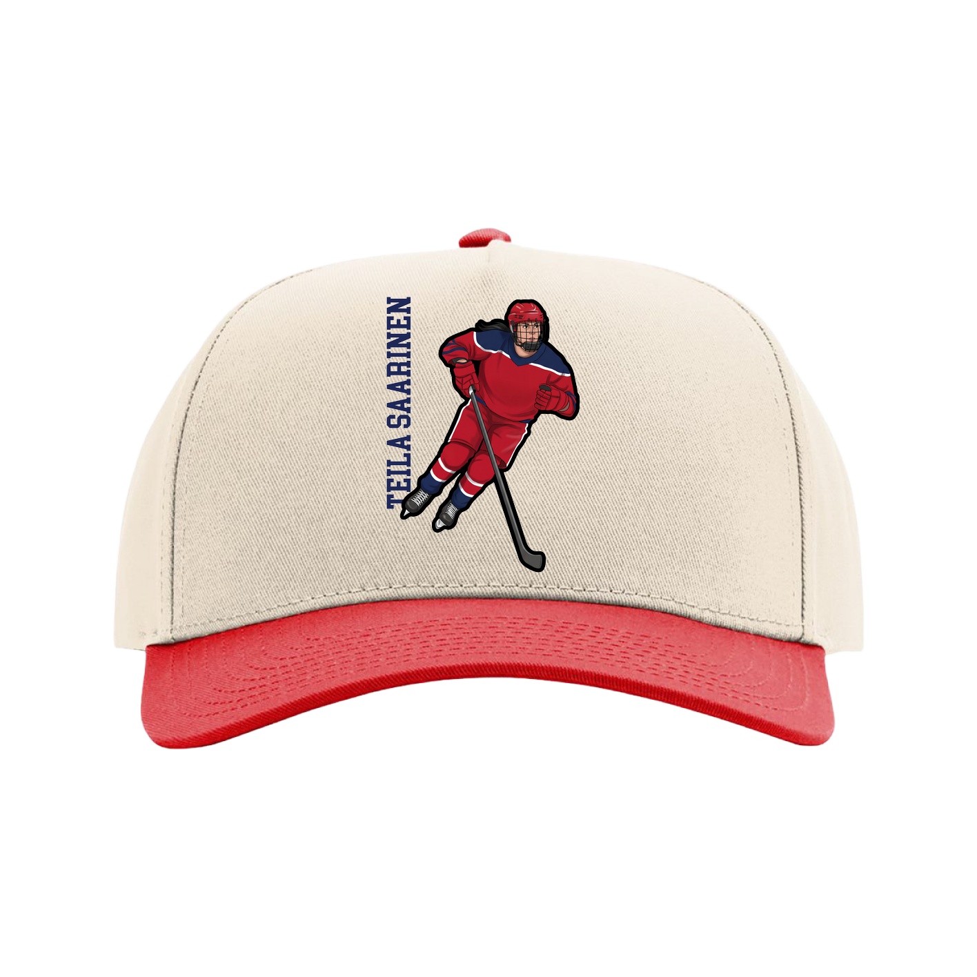 Full Fabric Five-Panel Champ Cap — Name Vertical in Cream/Red