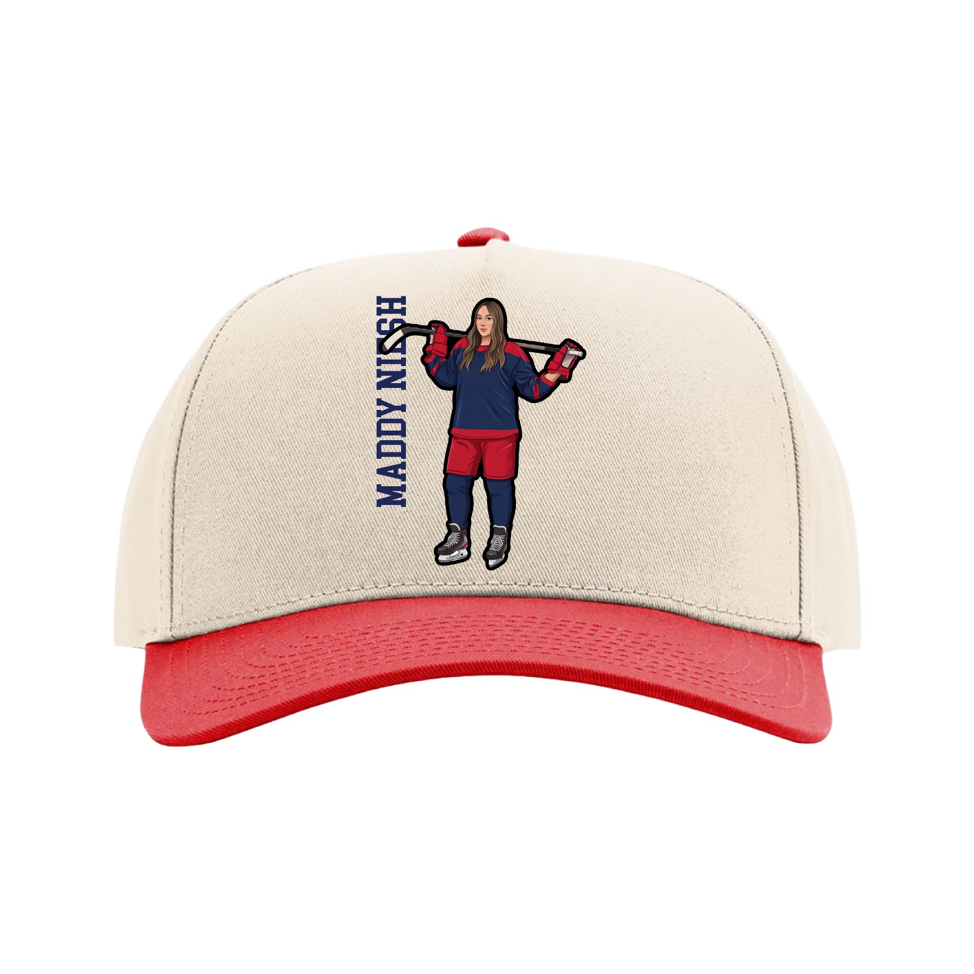 Full Fabric Five-Panel Champ Cap — Name Vertical in Cream/Red