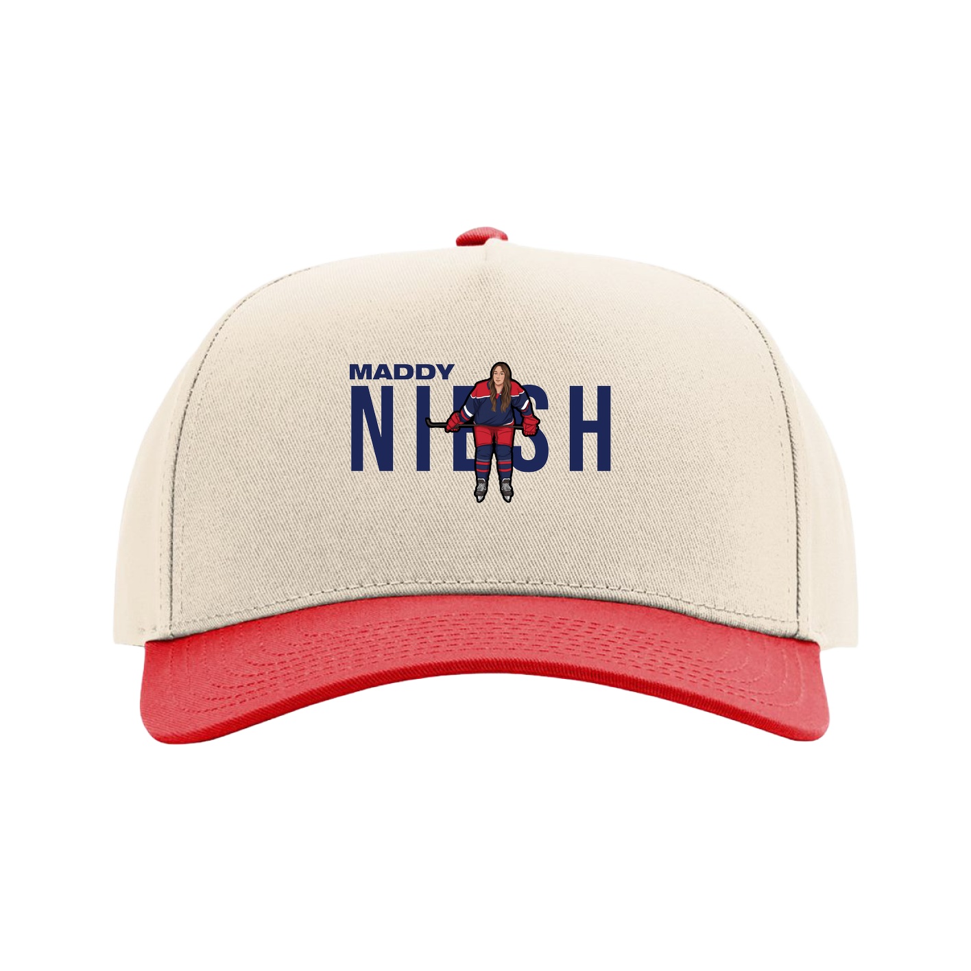 Full Fabric Five-Panel Champ Cap — Player Name in Cream/Red