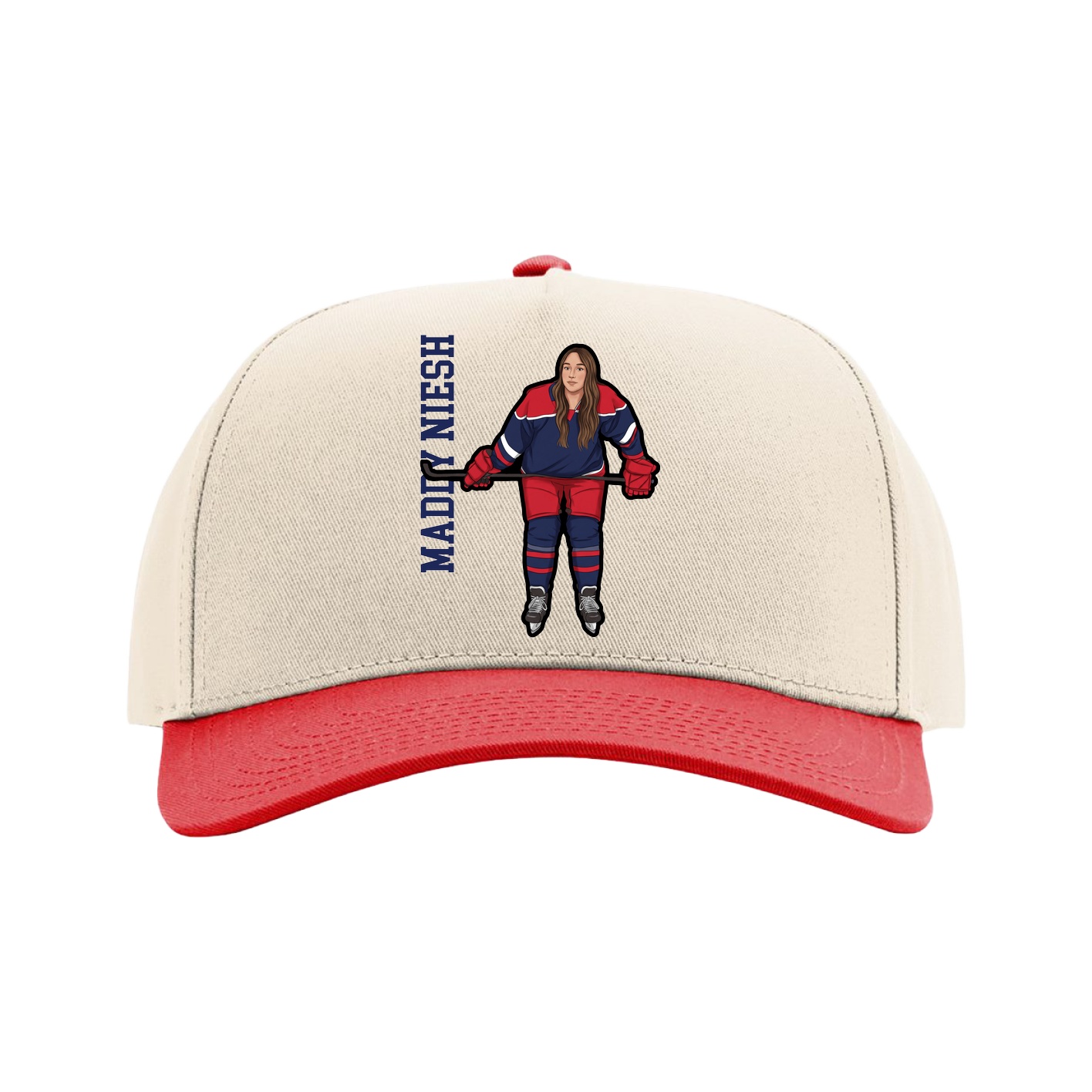 Full Fabric Five-Panel Champ Cap — Name Vertical in Cream/Red