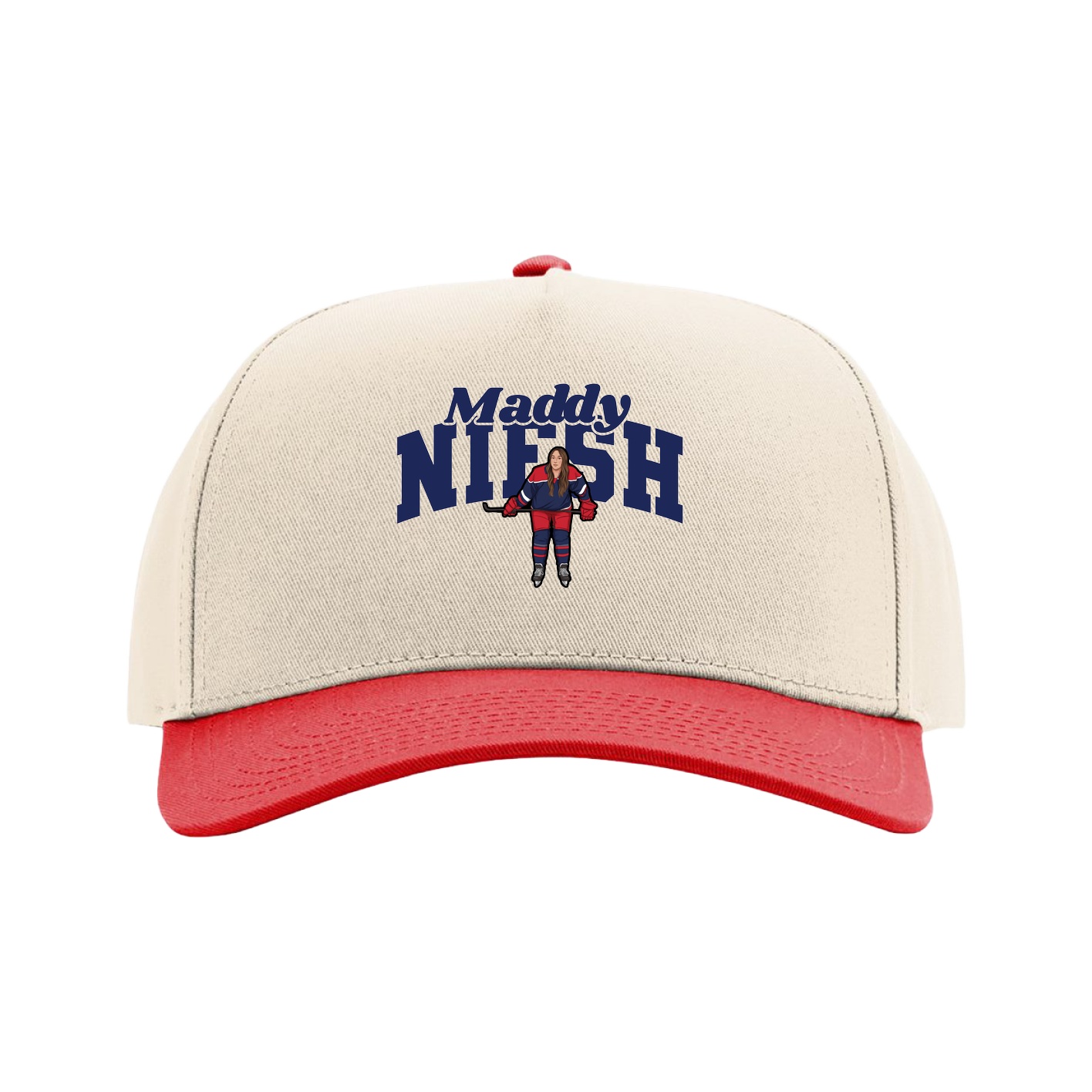 Full Fabric Five-Panel Champ Cap — Signature Arch in Cream/Red