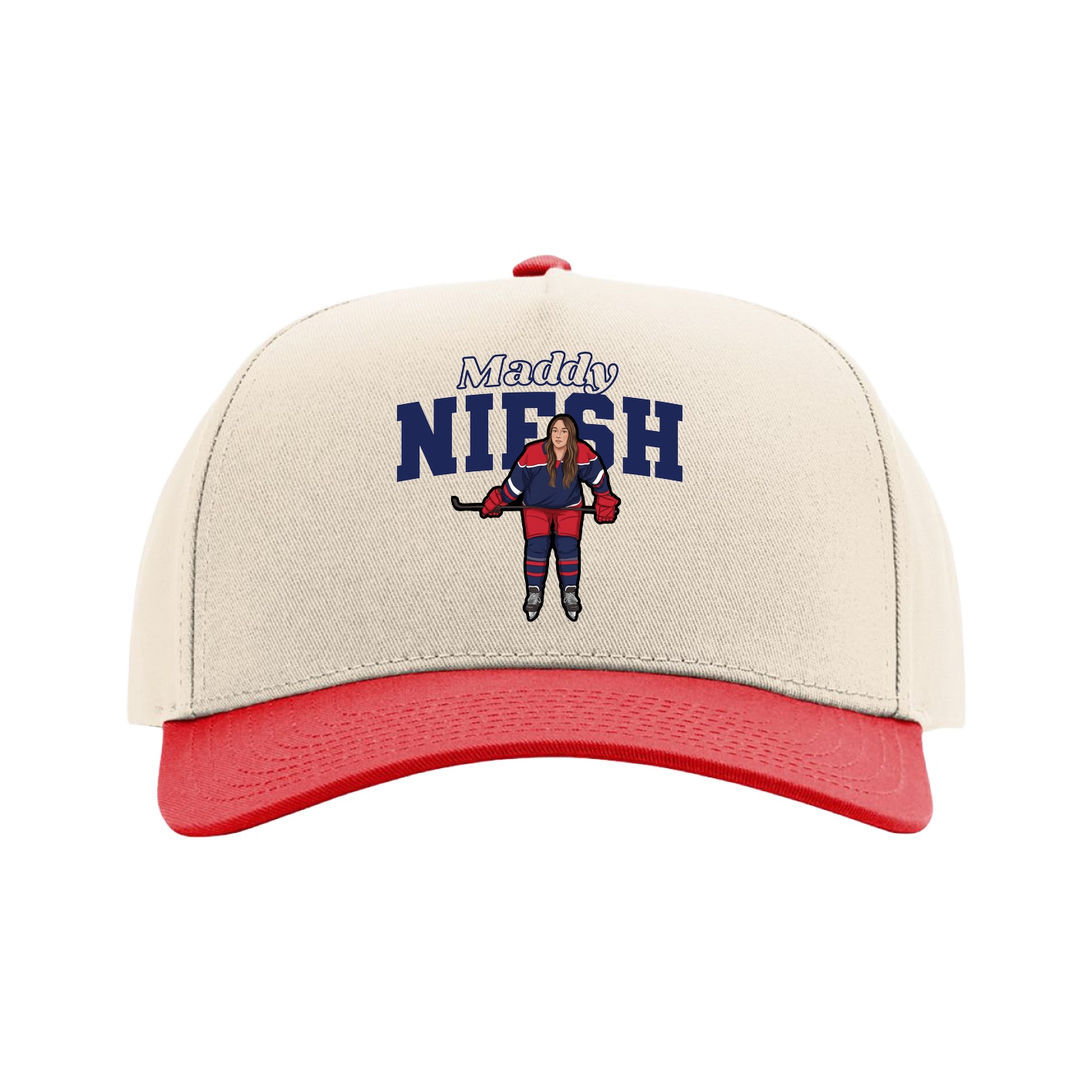 Full Fabric Five-Panel Champ Cap — Name Arch in Cream/Red
