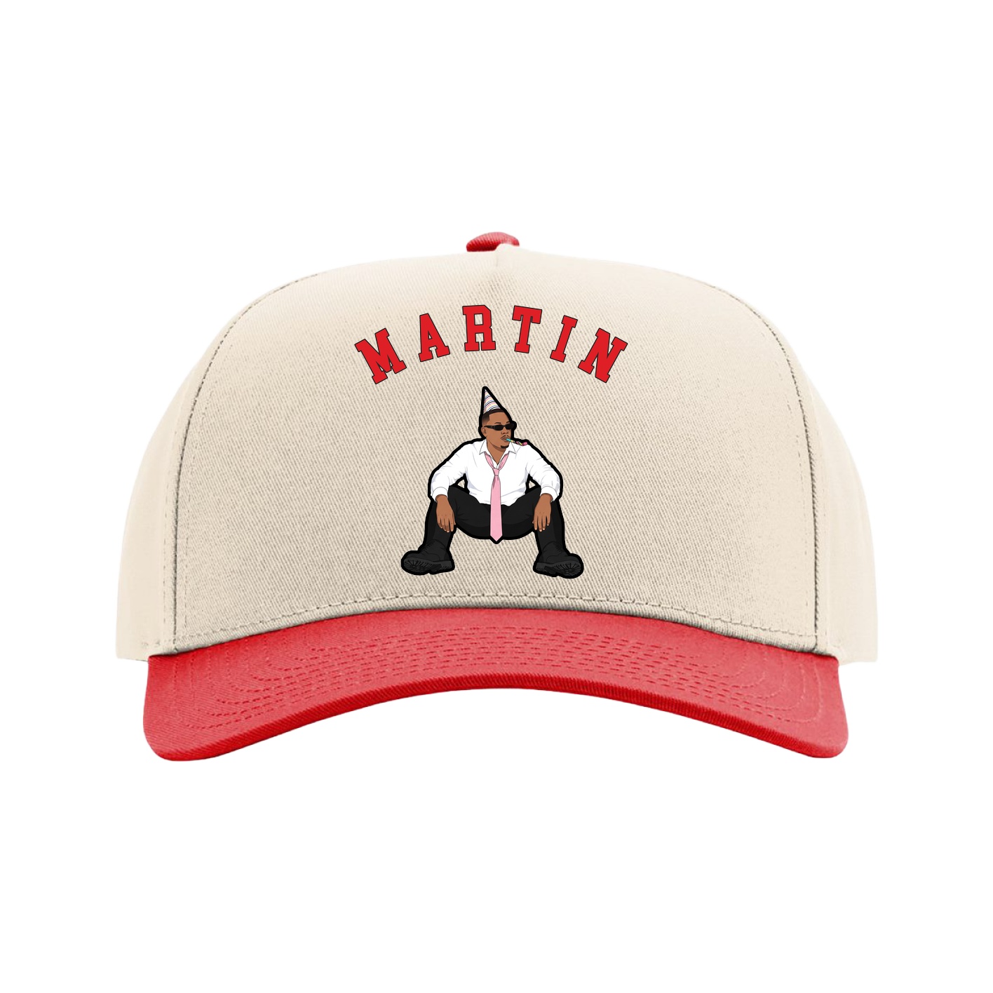 Full Fabric Five-Panel Champ Cap — Shirsey Arch in Cream/Red