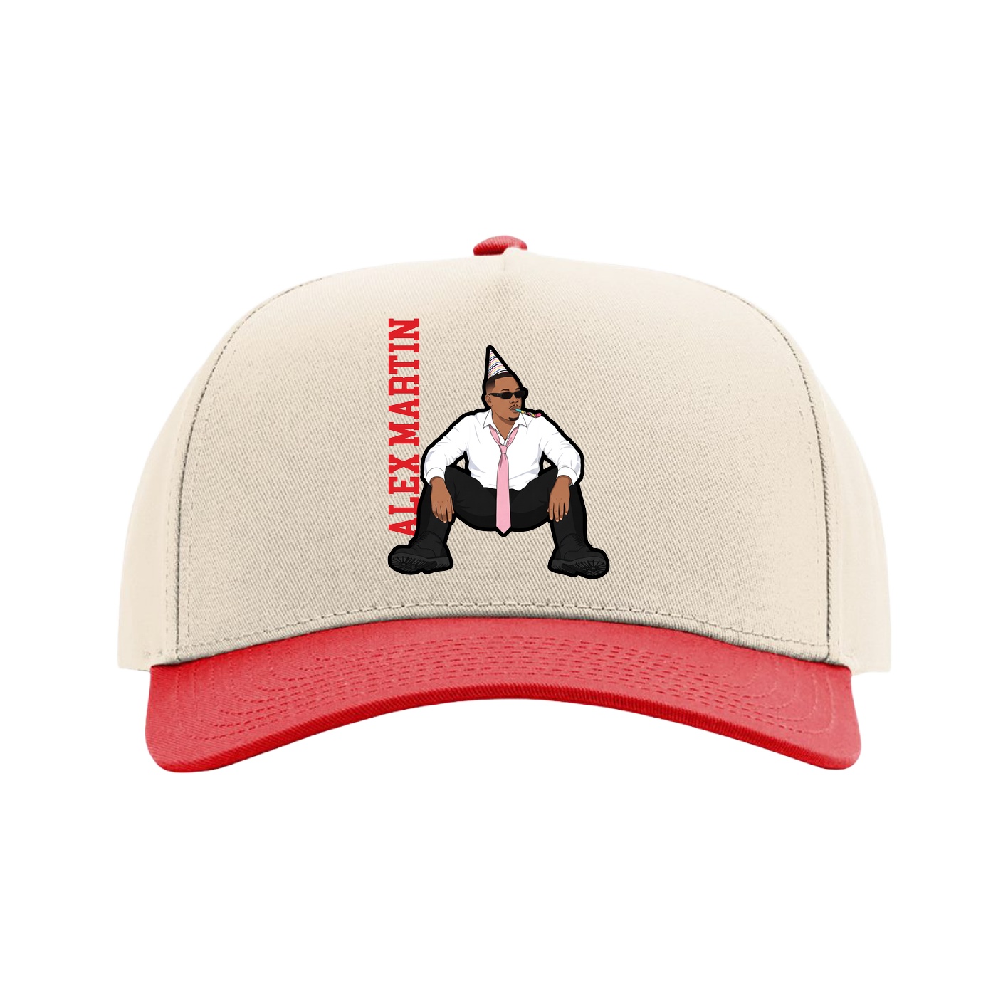 Full Fabric Five-Panel Champ Cap — Name Vertical in Cream/Red