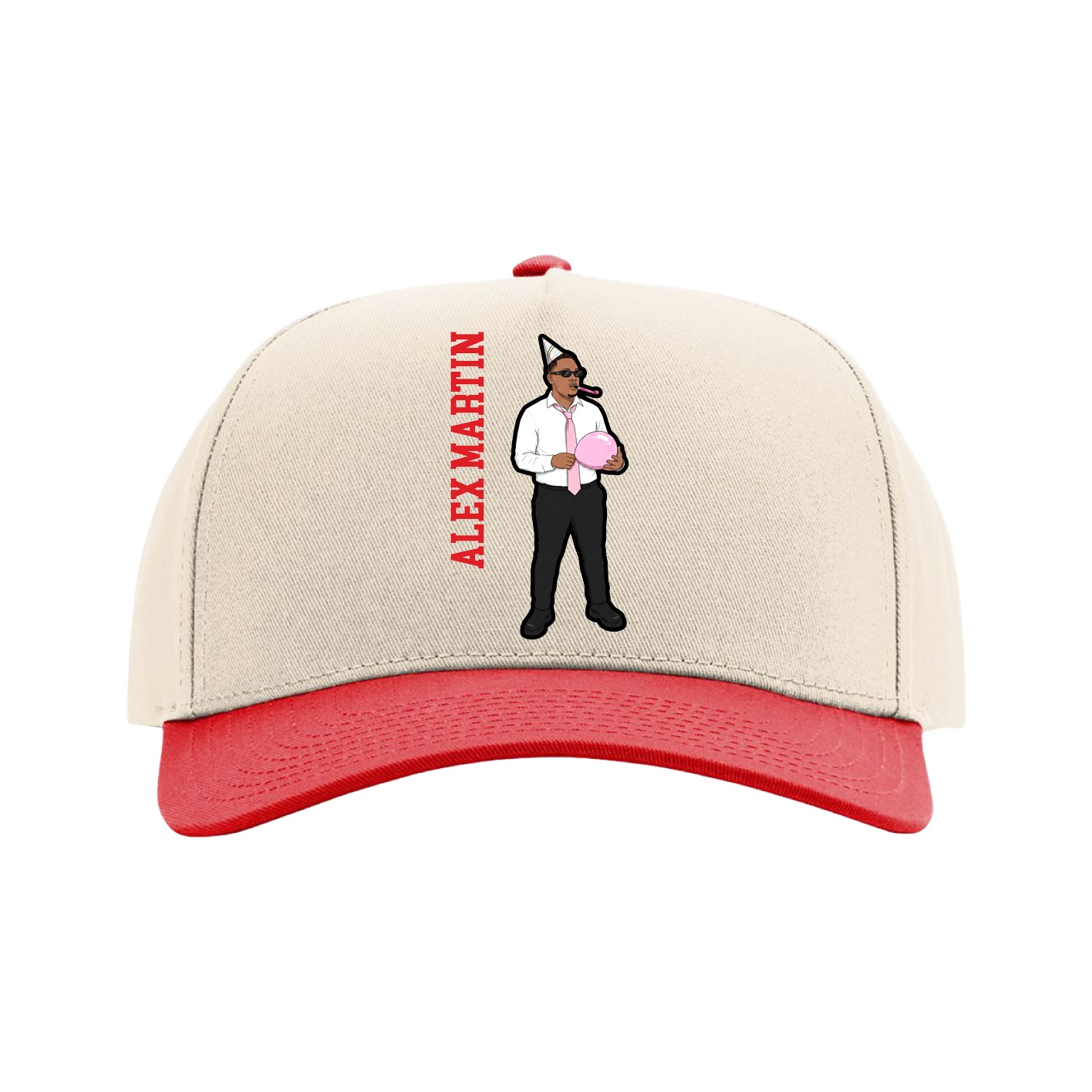 Full Fabric Five-Panel Champ Cap — Name Vertical in Cream/Red
