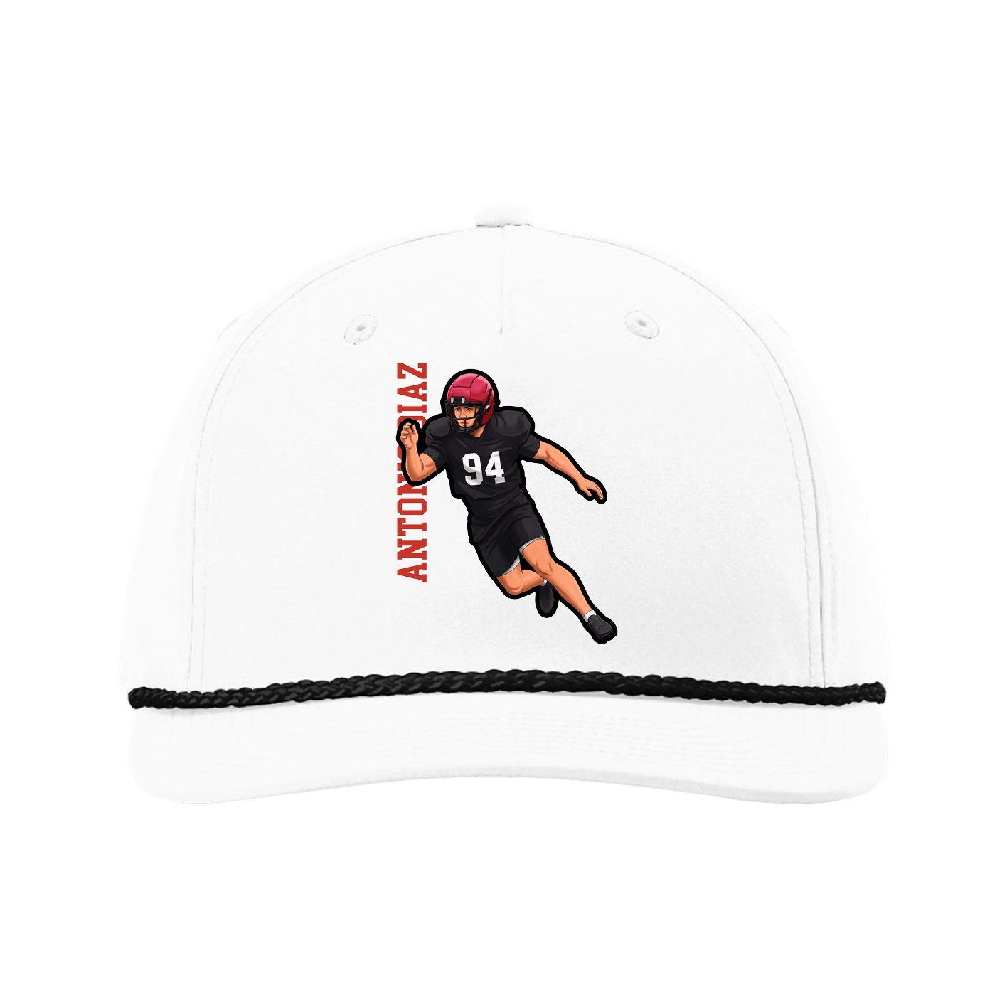 Five-Panel Classic Rope Cap — Name Vertical in White