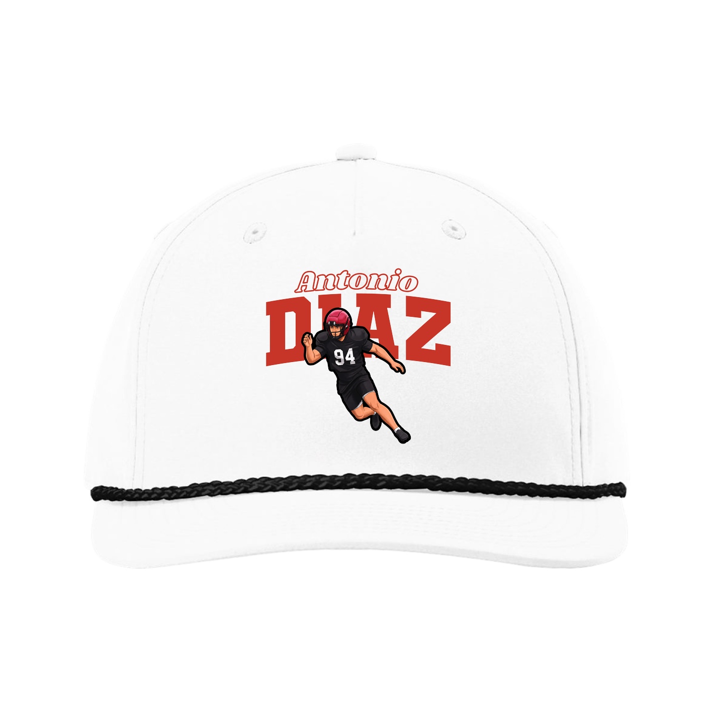 Five-Panel Classic Rope Cap — Name Arch in White