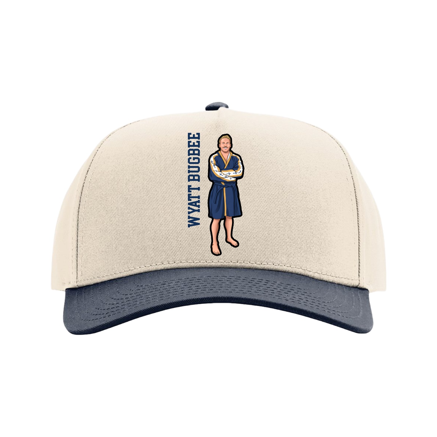 Full Fabric Five-Panel Champ Cap — Name Vertical in Cream/Navy
