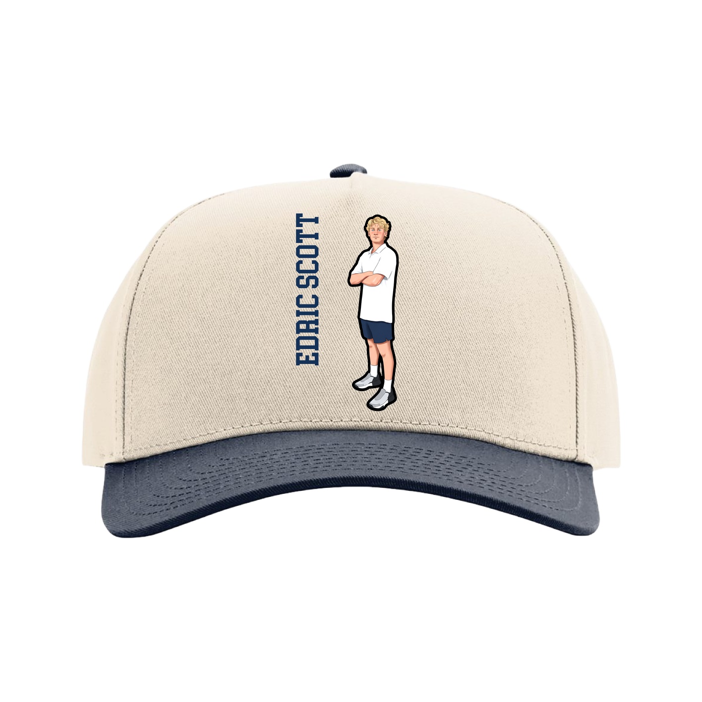Full Fabric Five-Panel Champ Cap — Name Vertical in Cream/Navy