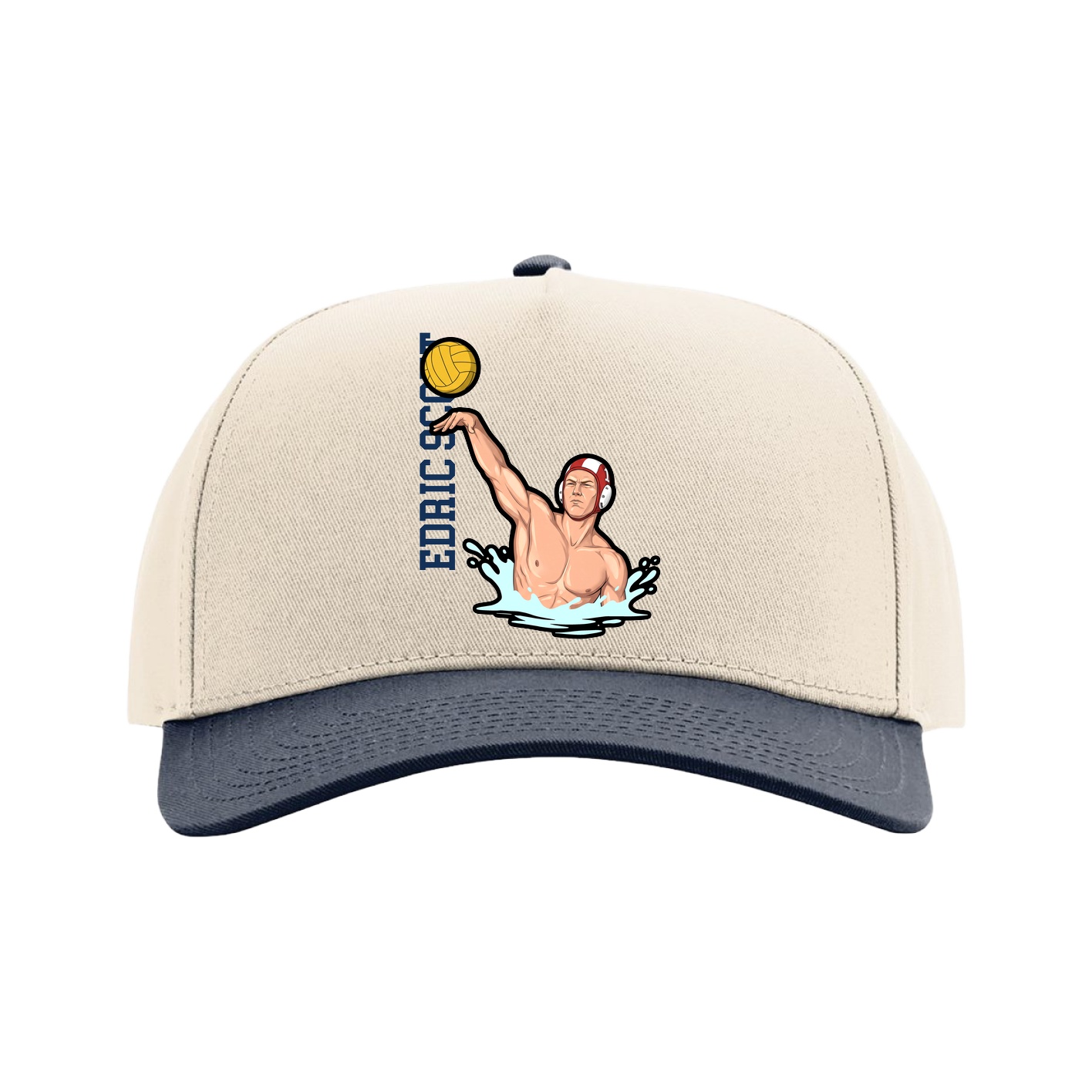 Full Fabric Five-Panel Champ Cap — Name Vertical in Cream/Navy