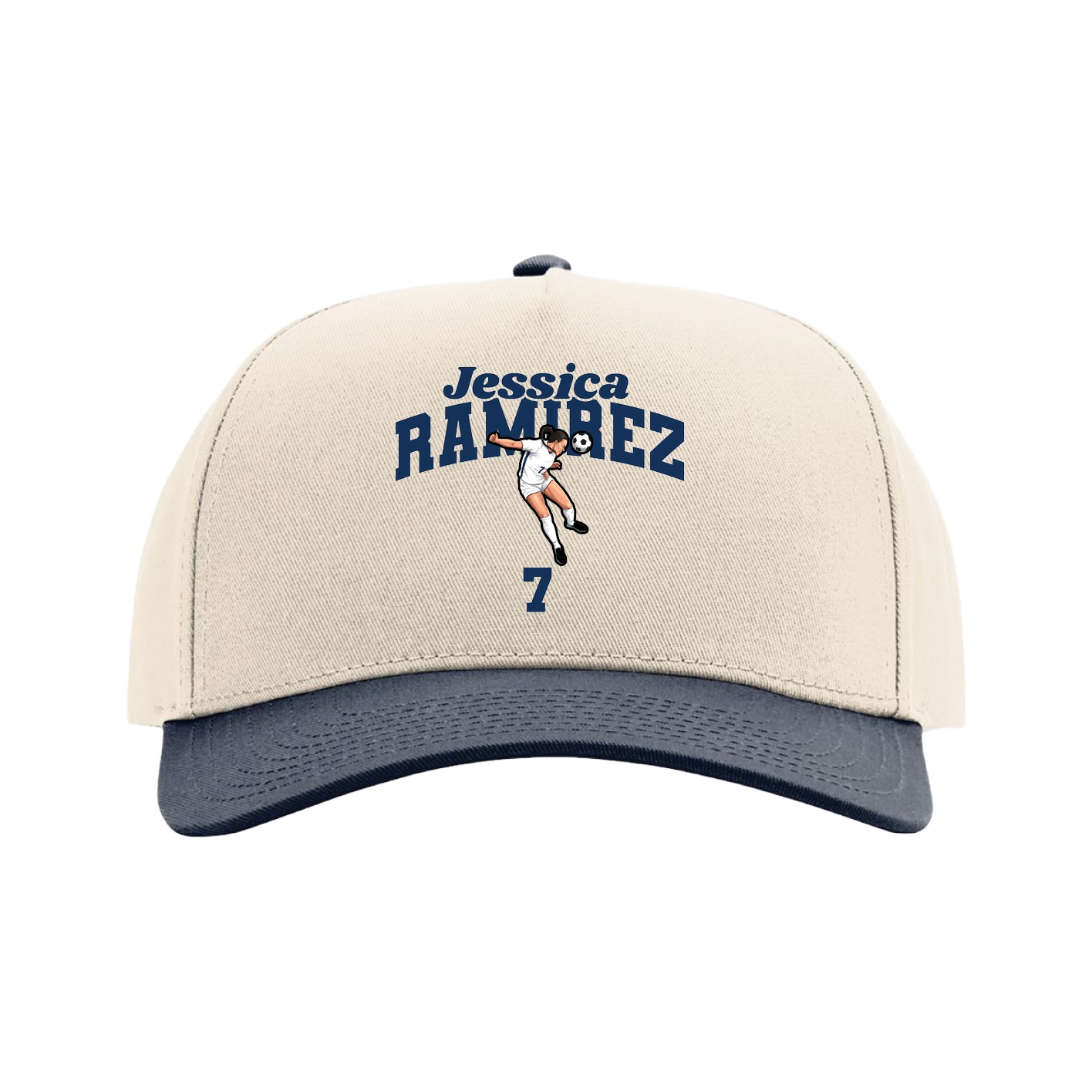 Full Fabric Five-Panel Champ Cap — Signature Arch in Cream/Navy