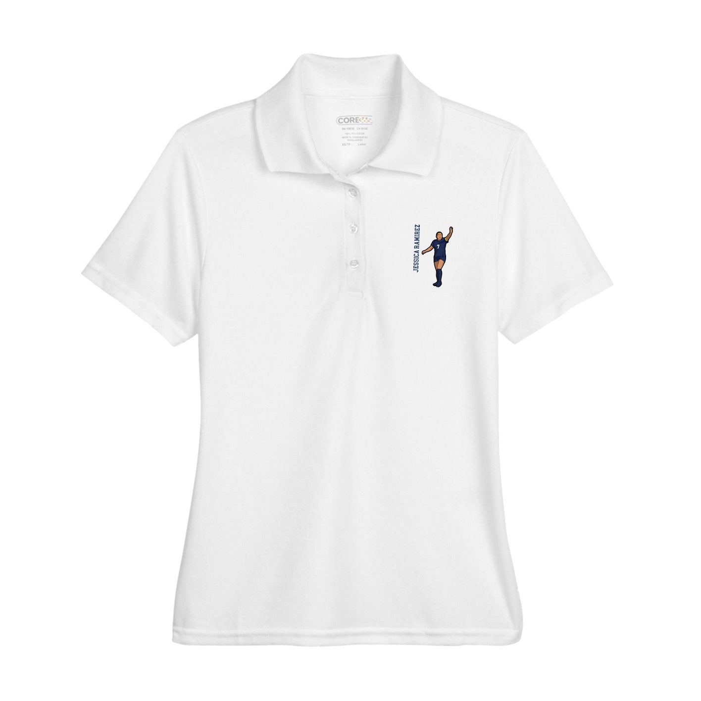 Womens Performance Polo — Name Vertical in White