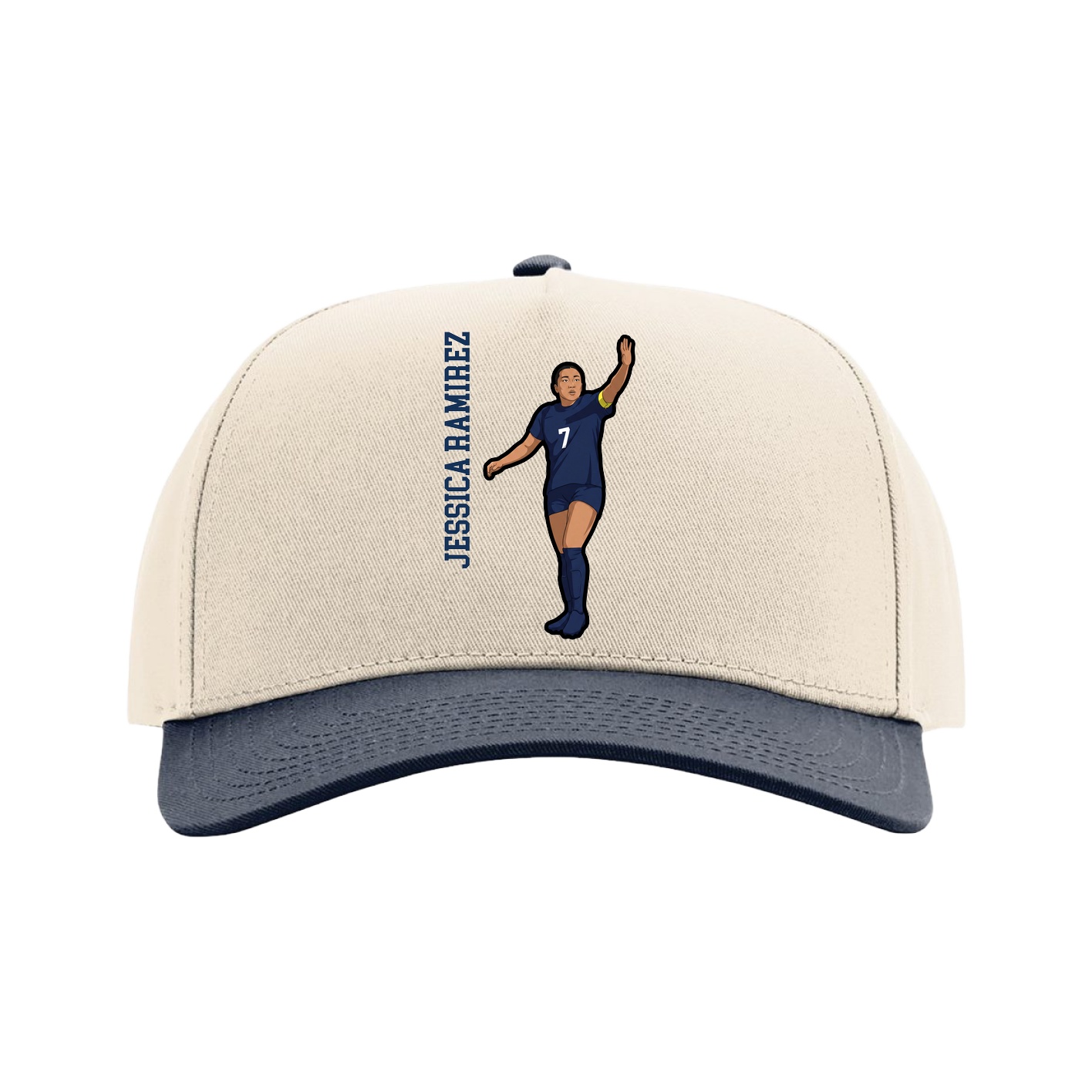 Full Fabric Five-Panel Champ Cap — Name Vertical in Cream/Navy