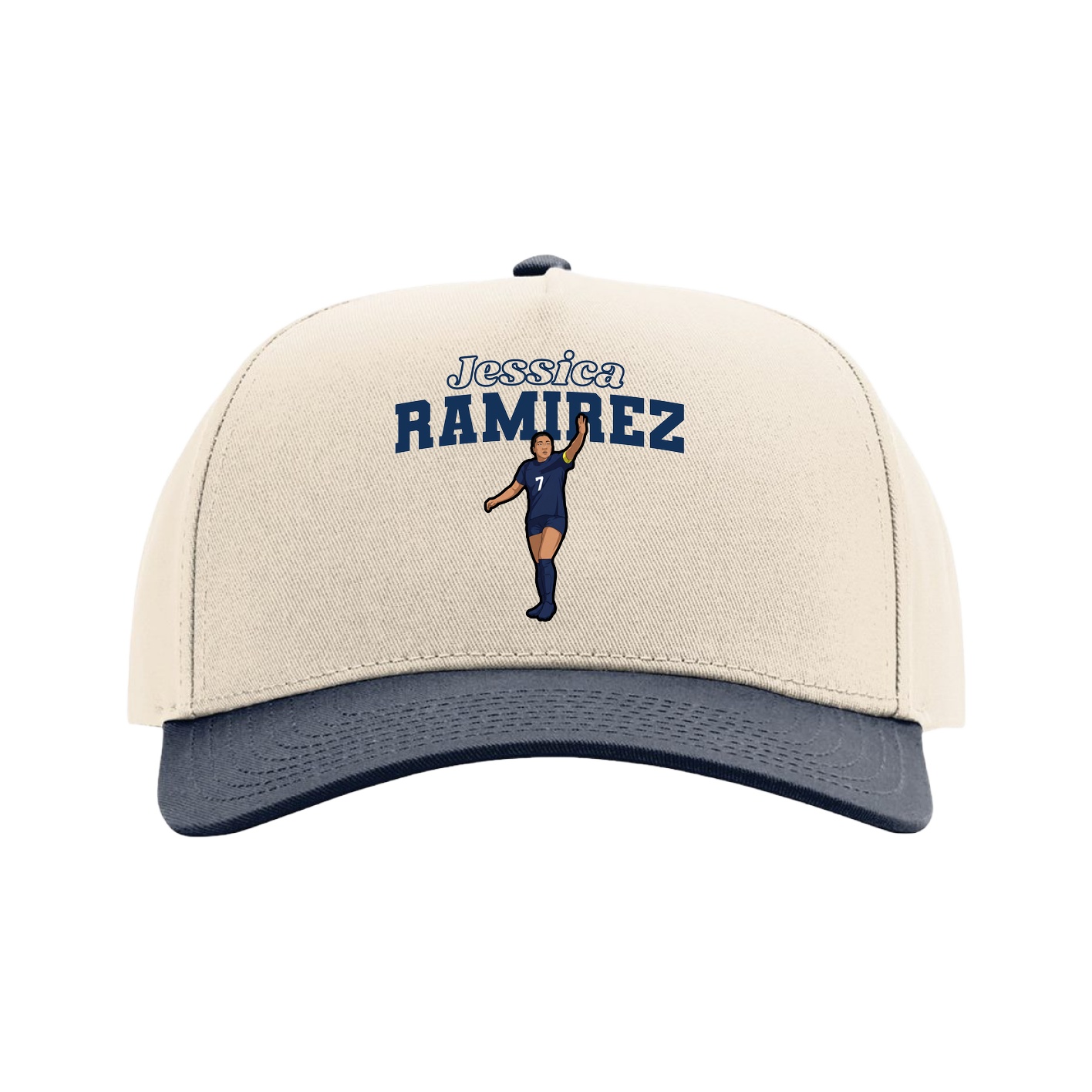 Full Fabric Five-Panel Champ Cap — Name Arch in Cream/Navy