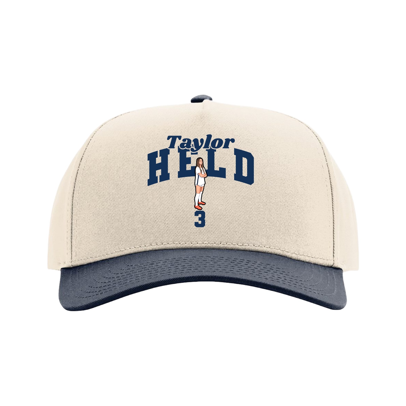 Full Fabric Five-Panel Champ Cap — Signature Arch in Cream/Navy