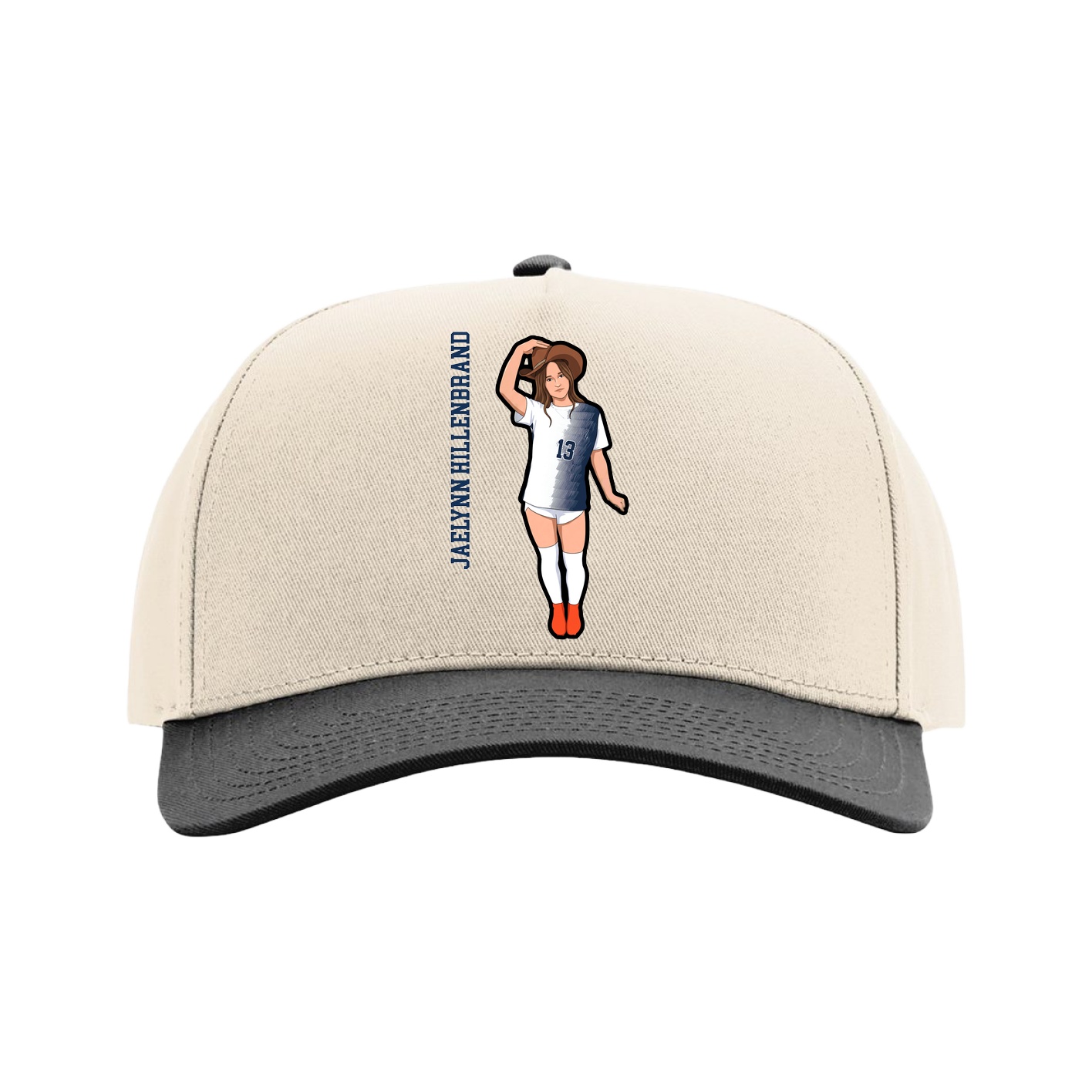 Full Fabric Five-Panel Champ Cap — Name Vertical in Cream/Black
