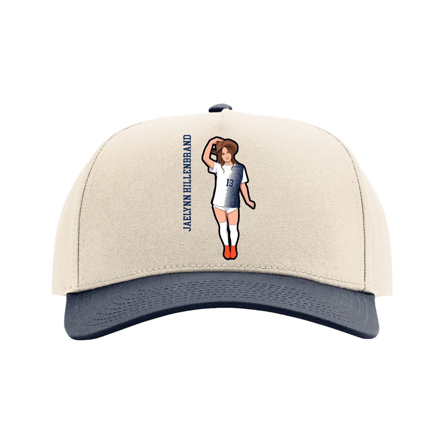 Full Fabric Five-Panel Champ Cap — Name Vertical in Cream/Navy