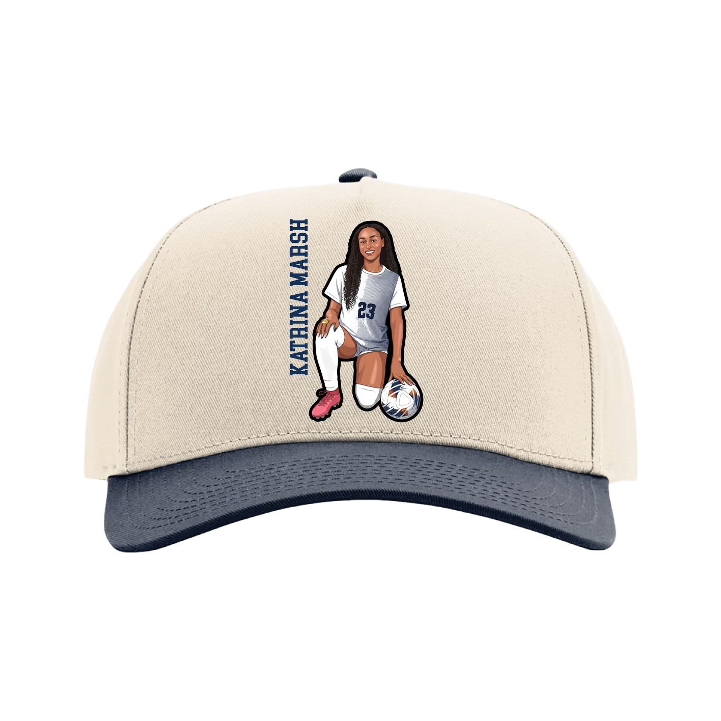Full Fabric Five-Panel Champ Cap — Name Vertical in Cream/Navy