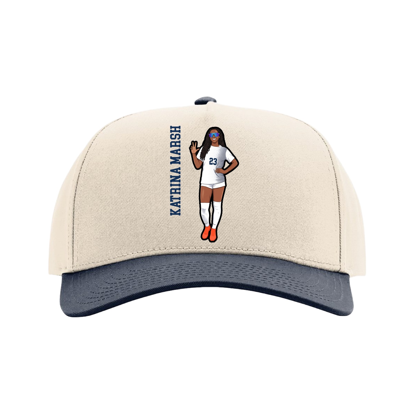 Full Fabric Five-Panel Champ Cap — Name Vertical in Cream/Navy