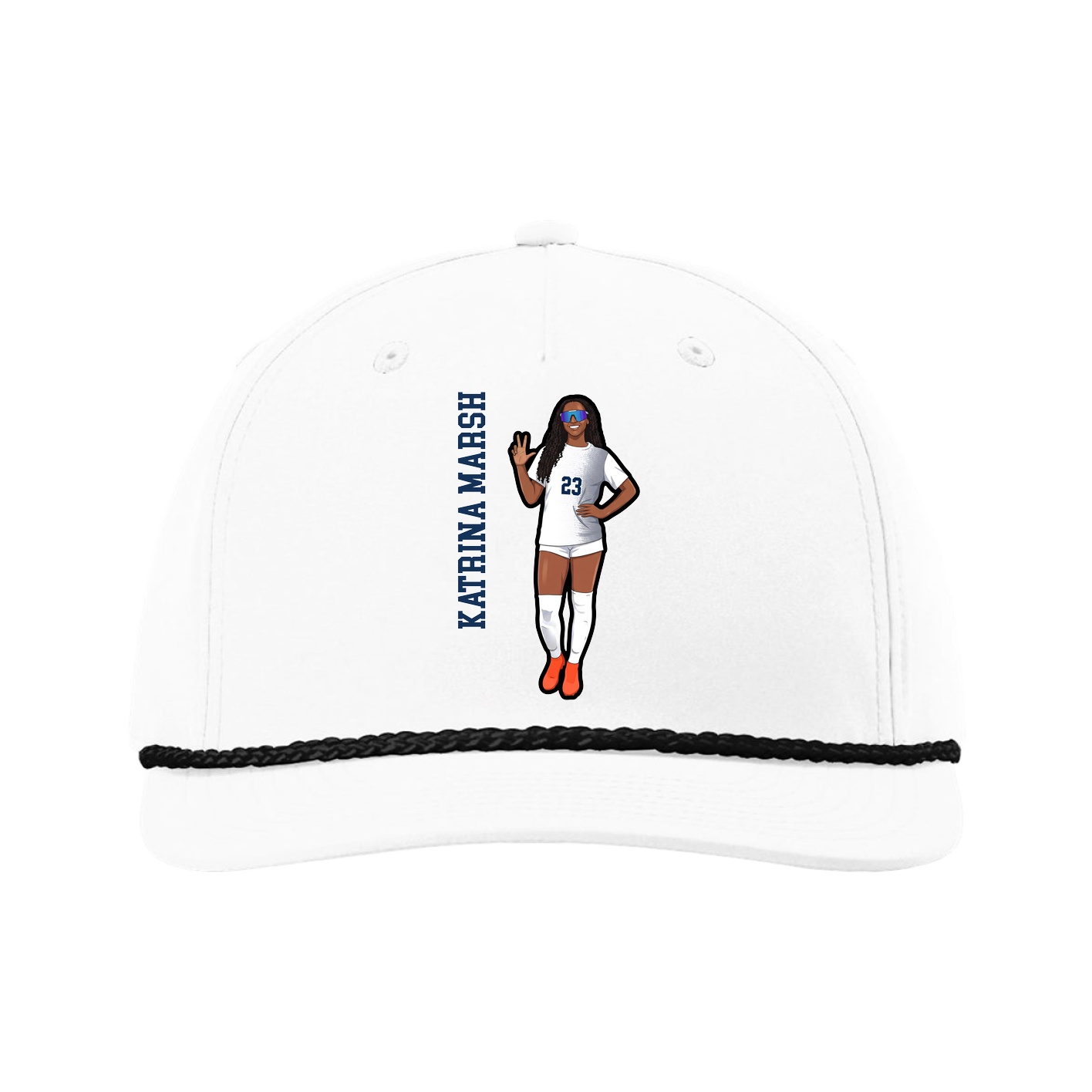 Five-Panel Classic Rope Cap — Name Vertical in White