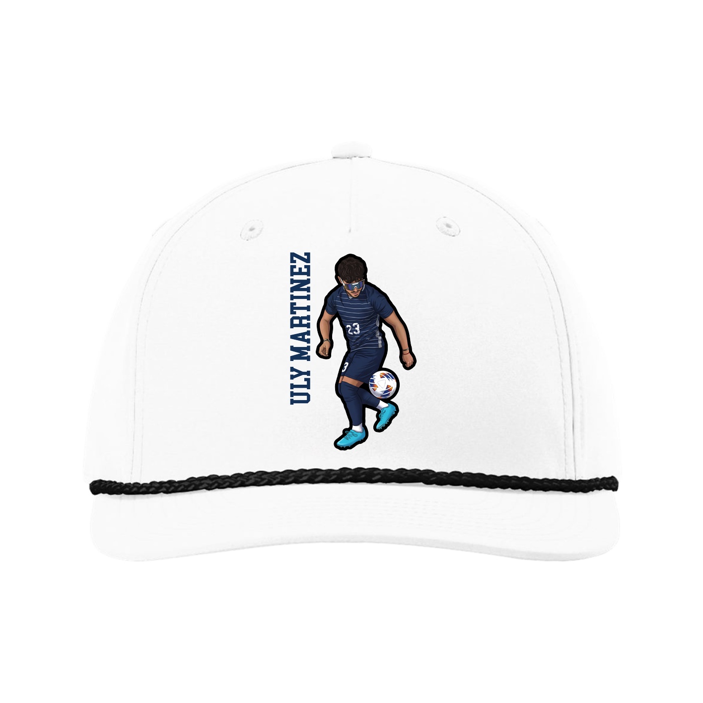 Five-Panel Classic Rope Cap — Name Vertical in White