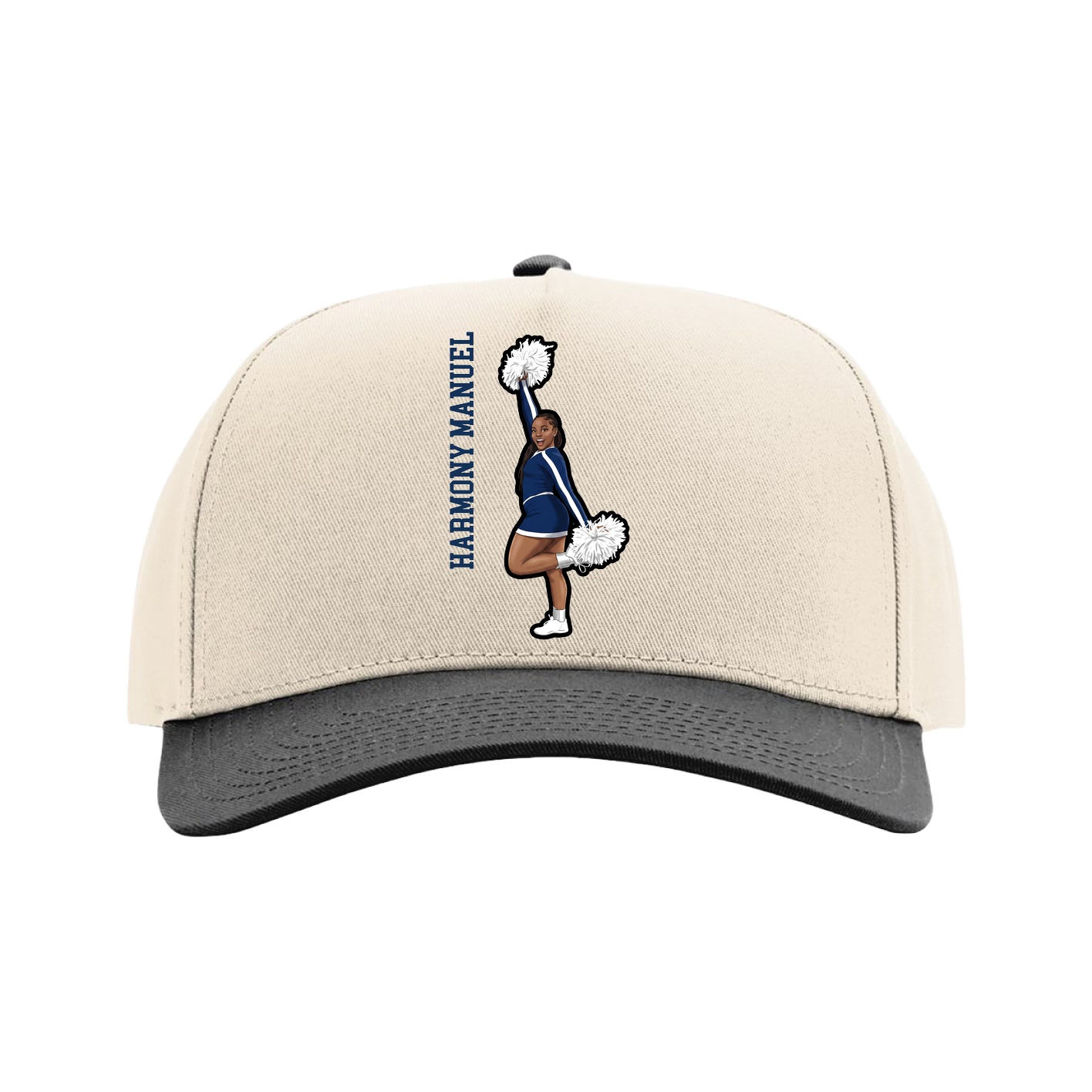 Full Fabric Five-Panel Champ Cap — Name Vertical in Cream/Black