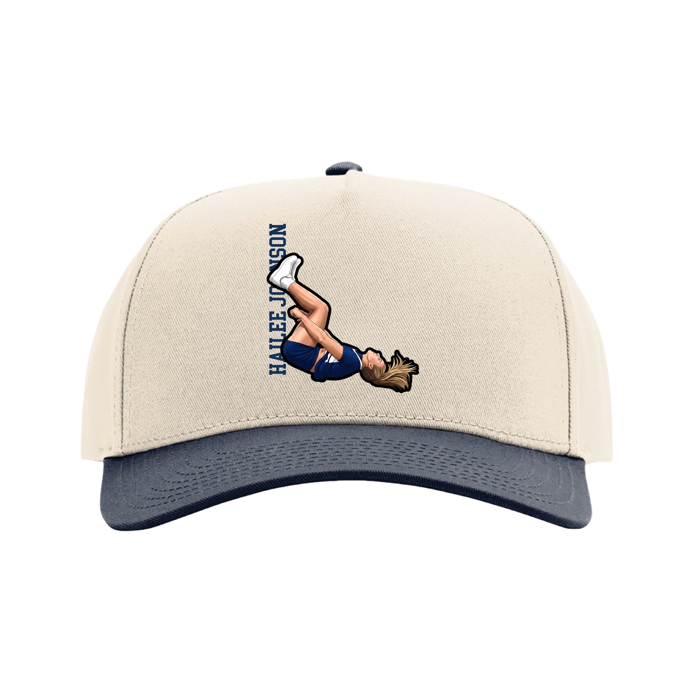 Full Fabric Five-Panel Champ Cap — Name Vertical in Cream/Navy