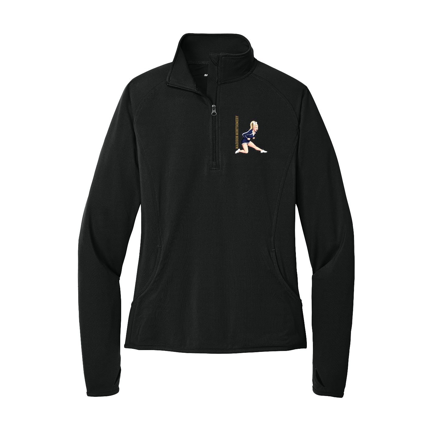 Women's Q-Zip Pullover — Name Vertical in Black