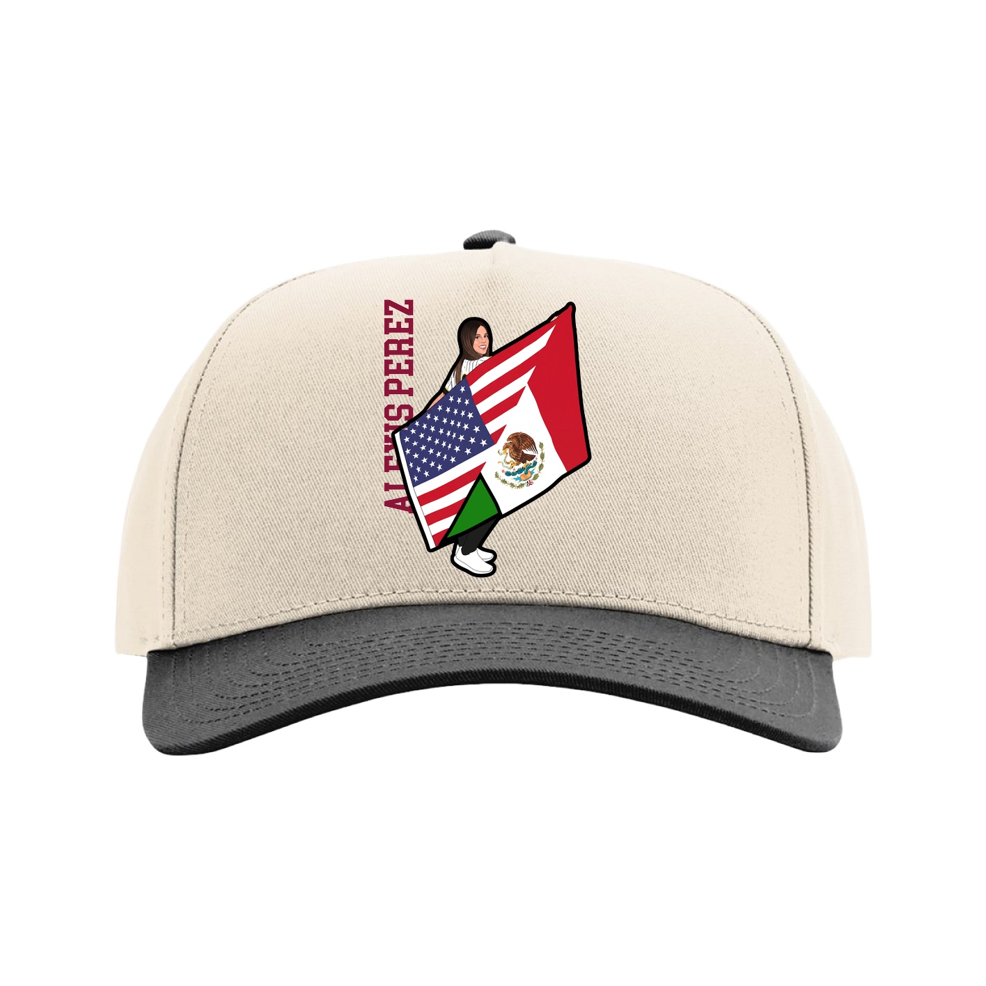 Full Fabric Five-Panel Champ Cap — Name Vertical in Cream/Black