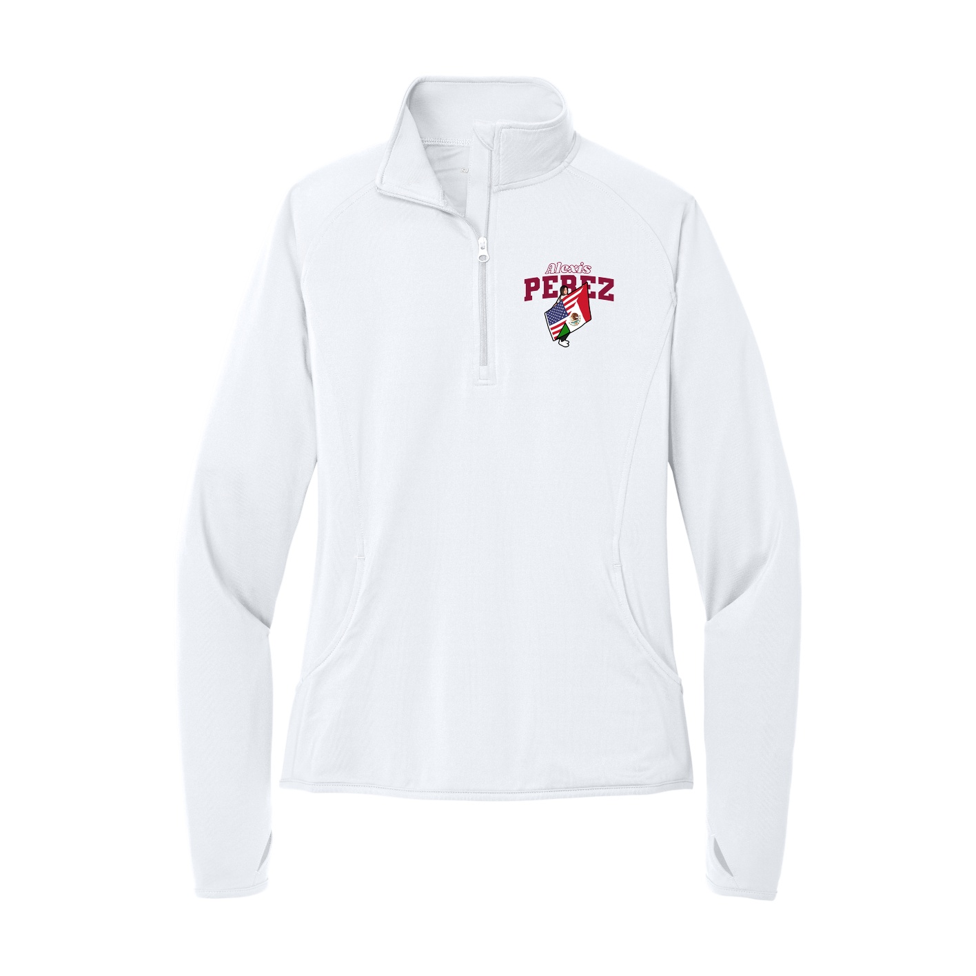 Women's Q-Zip Pullover — Name Arch in White