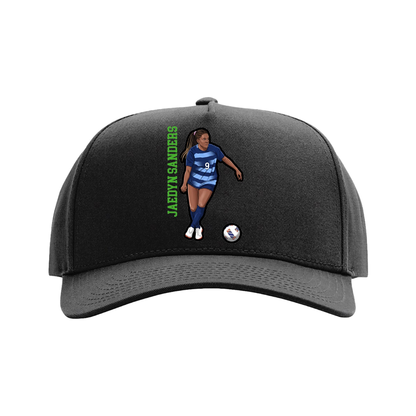 Full Fabric Five-Panel Champ Cap — Name Vertical in Black
