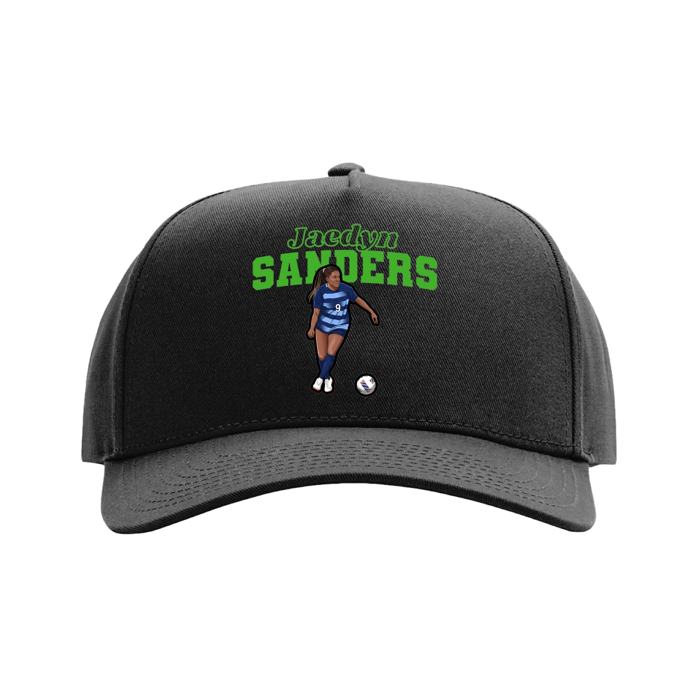 Full Fabric Five-Panel Champ Cap — Name Arch in Black