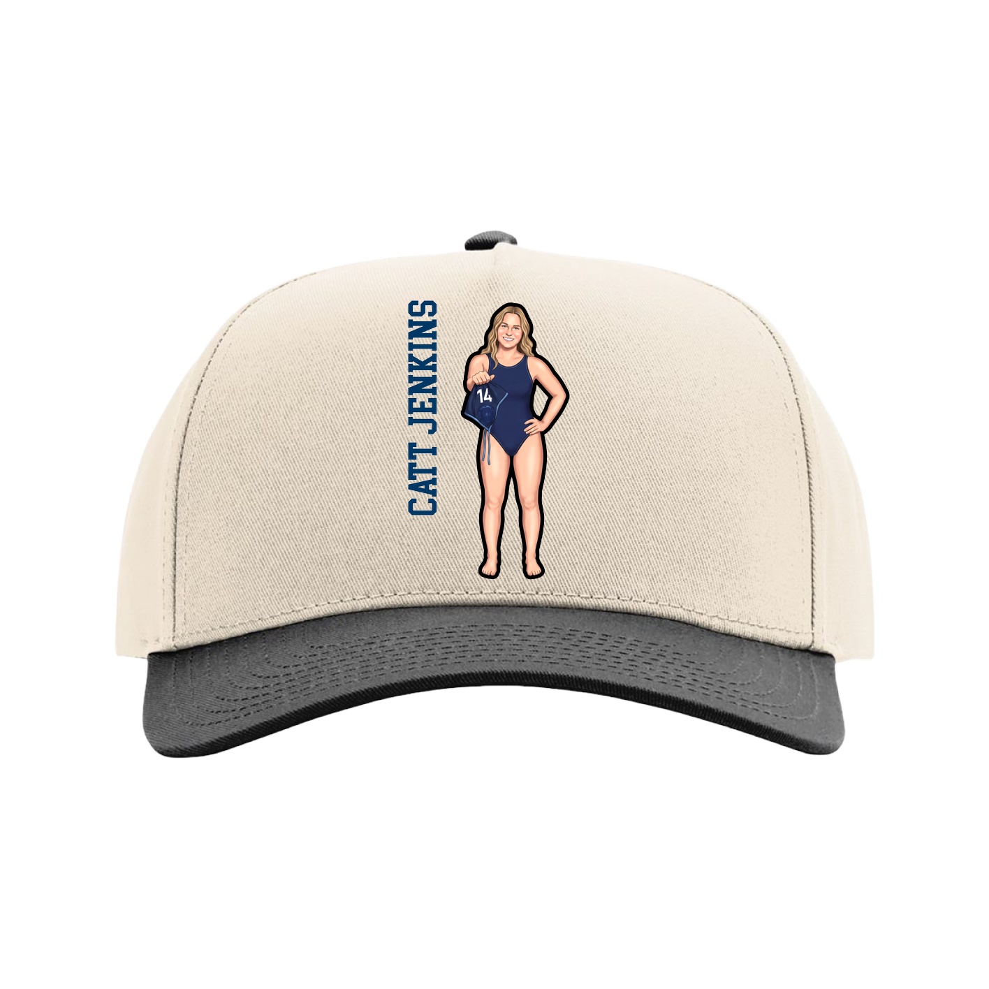 Full Fabric Five-Panel Champ Cap — Name Vertical in Cream/Black