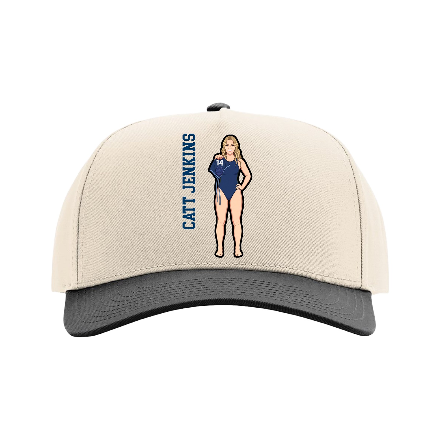 Full Fabric Five-Panel Champ Cap — Name Vertical in Cream/Black