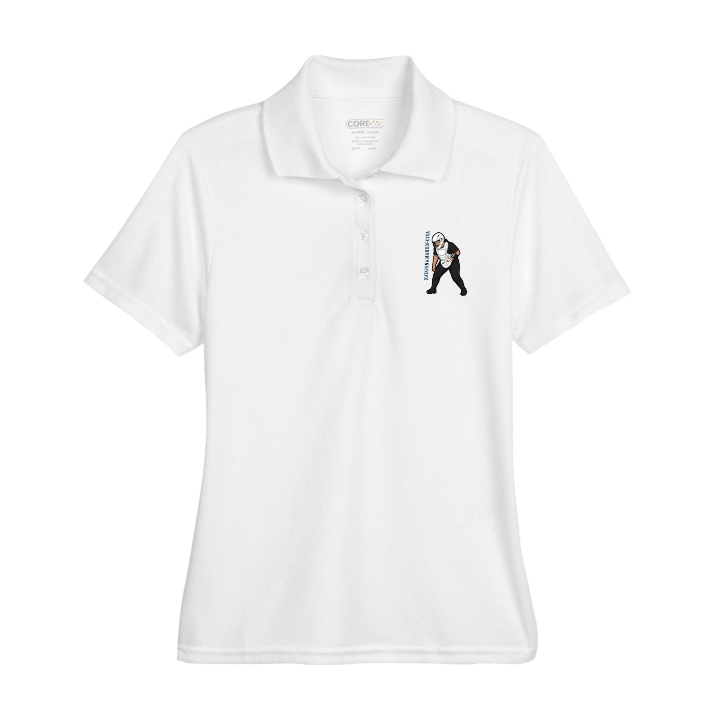 Womens Performance Polo — Name Vertical in White