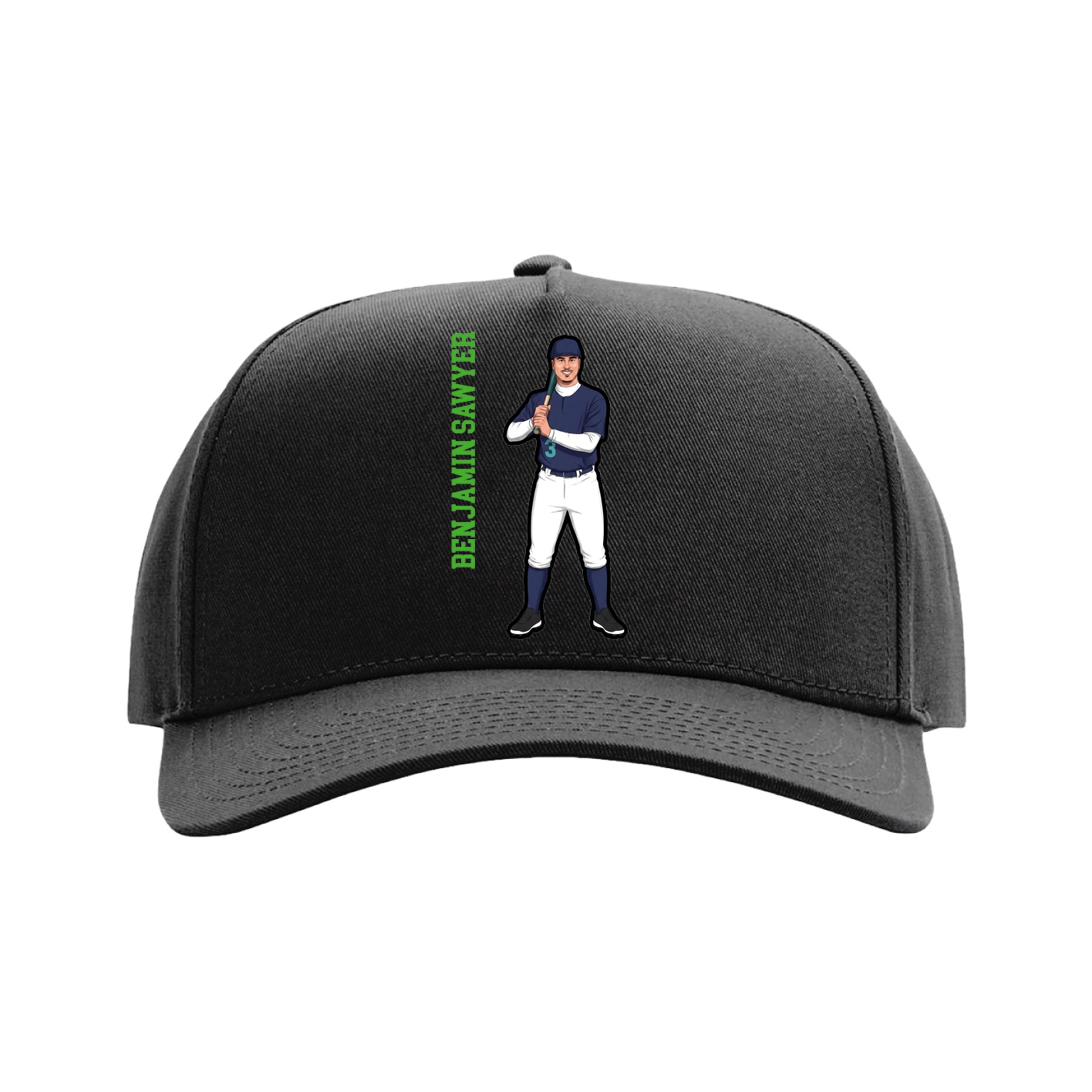 Full Fabric Five-Panel Champ Cap — Name Vertical in Black