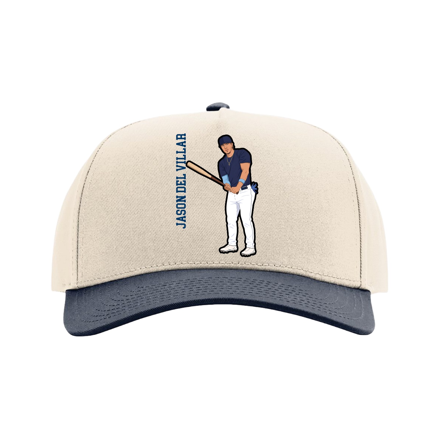 Full Fabric Five-Panel Champ Cap — Name Vertical in Cream/Navy