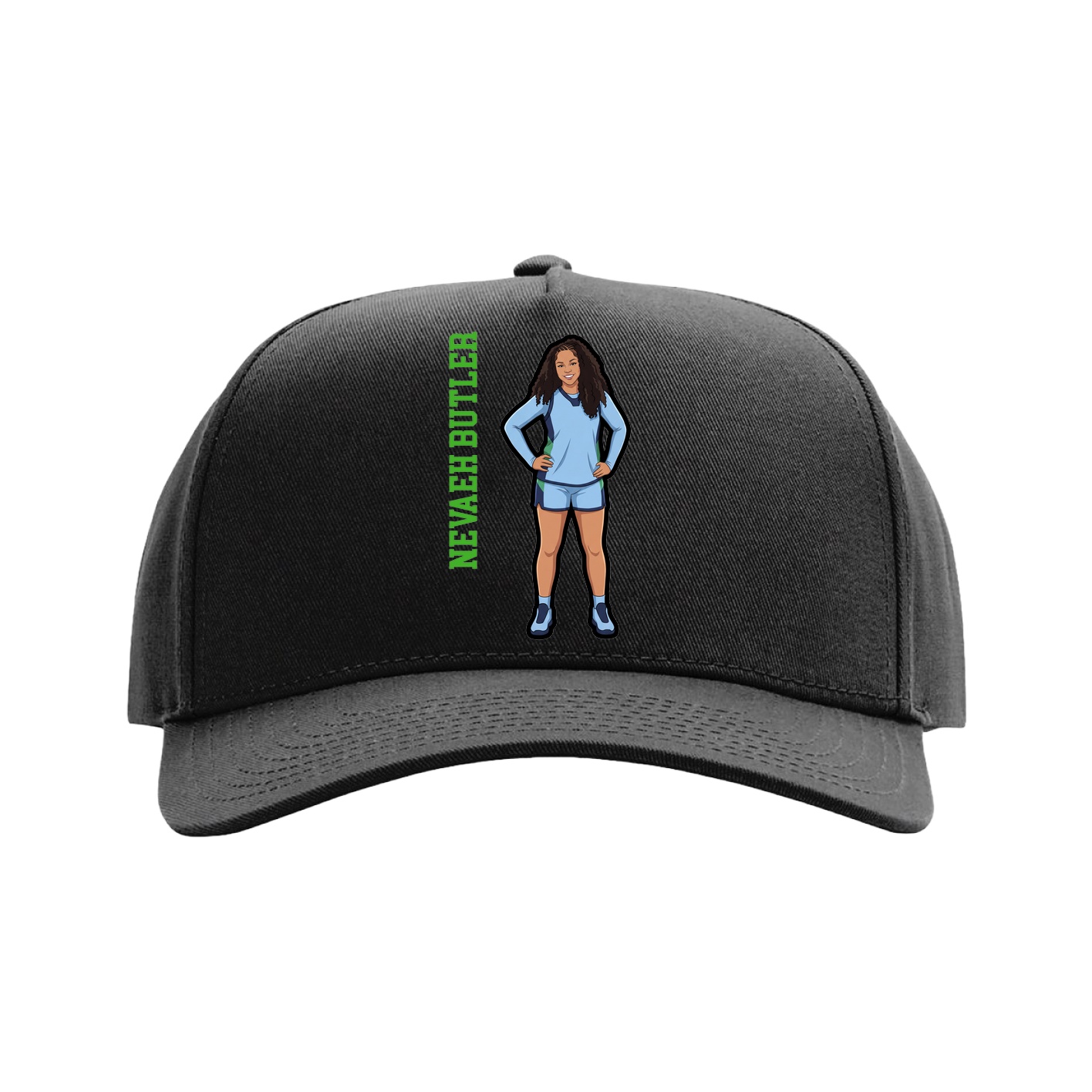 Full Fabric Five-Panel Champ Cap — Name Vertical in Black