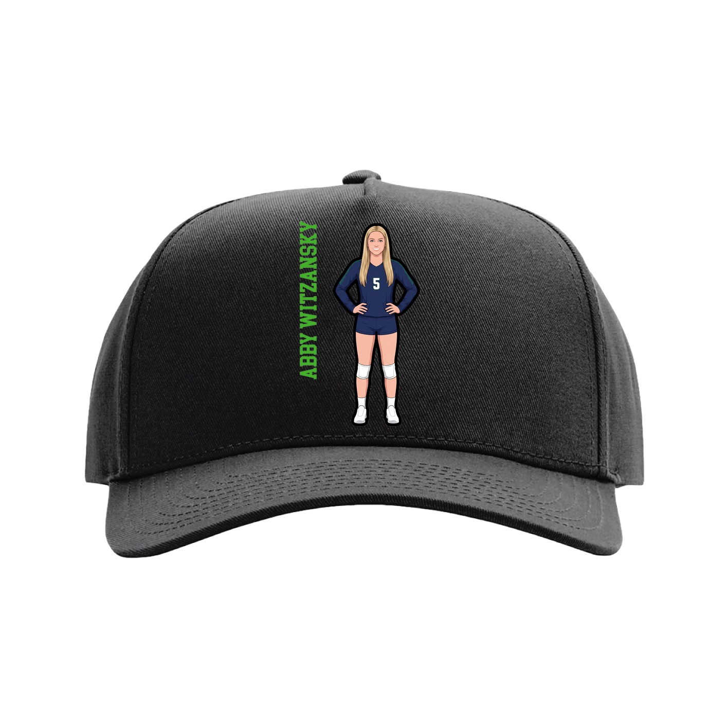 Full Fabric Five-Panel Champ Cap — Name Vertical in Black