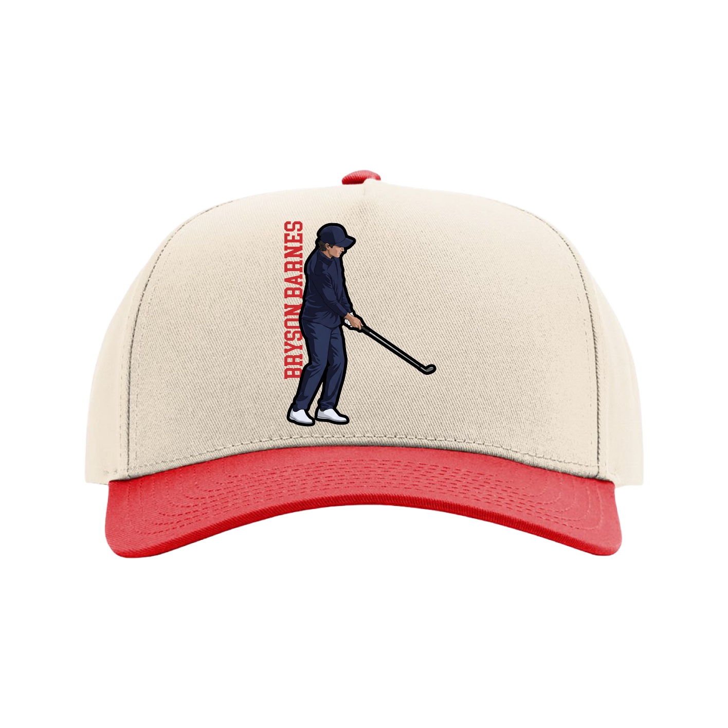 Full Fabric Five-Panel Champ Cap — Name Vertical in Cream/Red