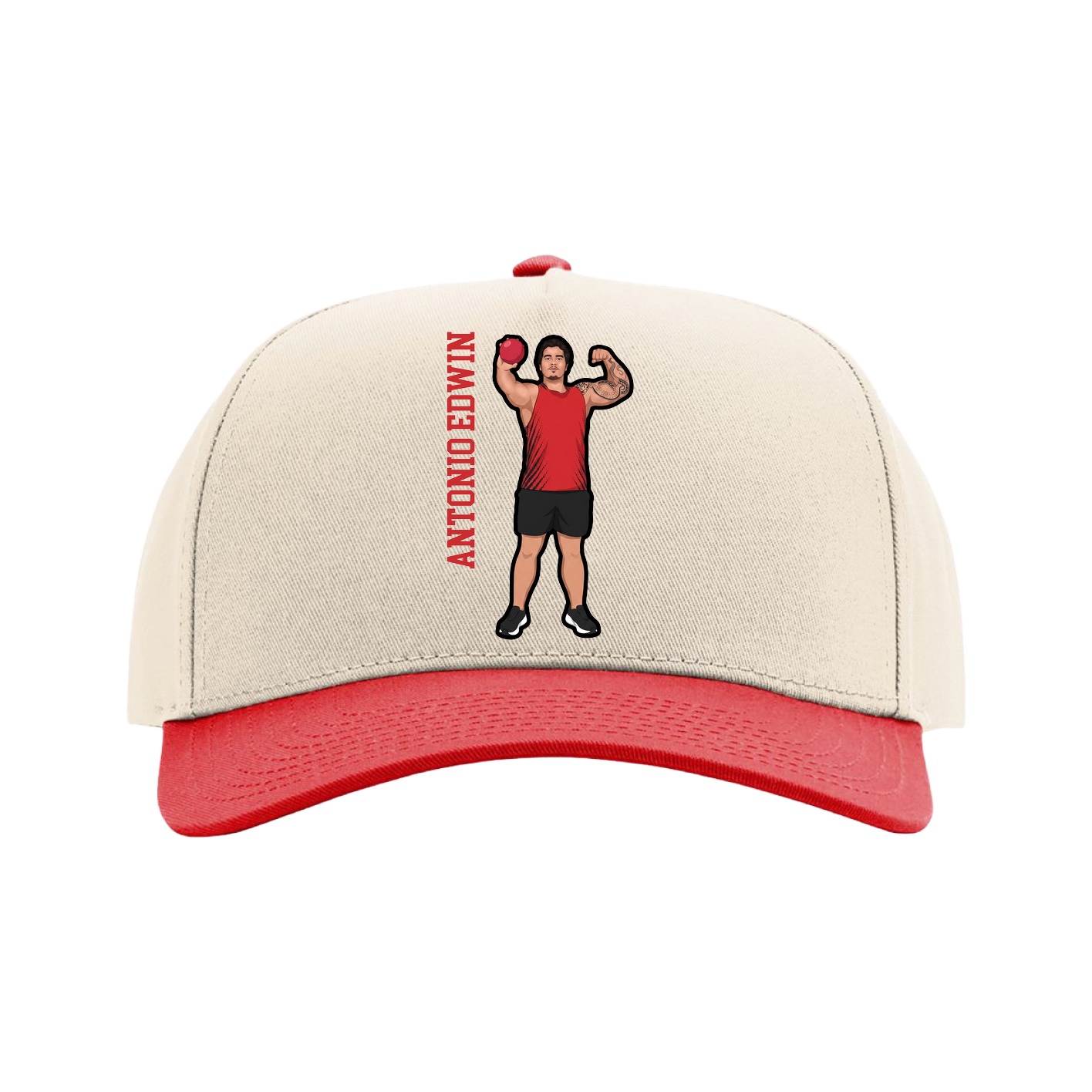 Full Fabric Five-Panel Champ Cap — Name Vertical in Cream/Red