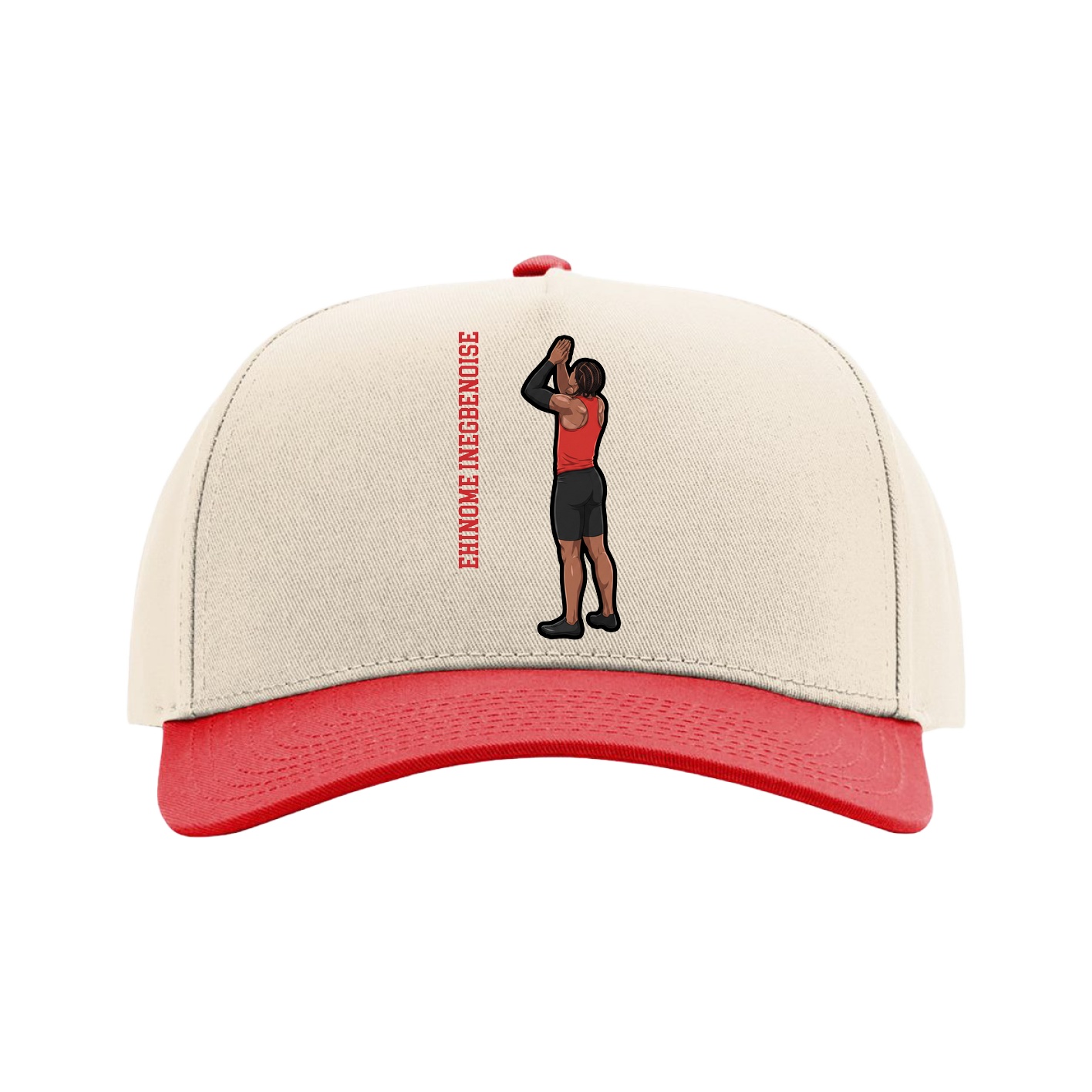 Full Fabric Five-Panel Champ Cap — Name Vertical in Cream/Red