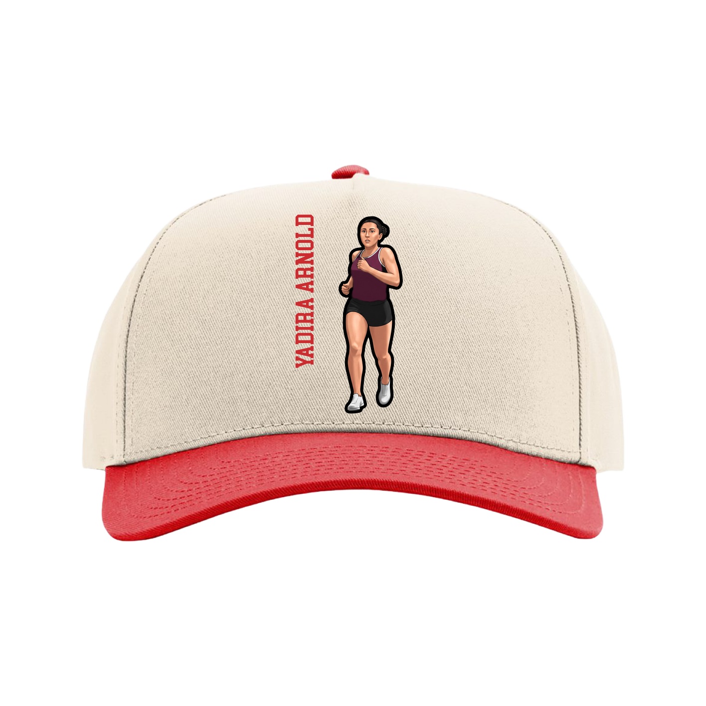 Full Fabric Five-Panel Champ Cap — Name Vertical in Cream/Red