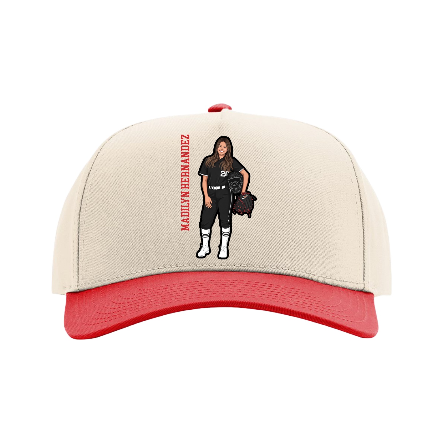Full Fabric Five-Panel Champ Cap — Name Vertical in Cream/Red