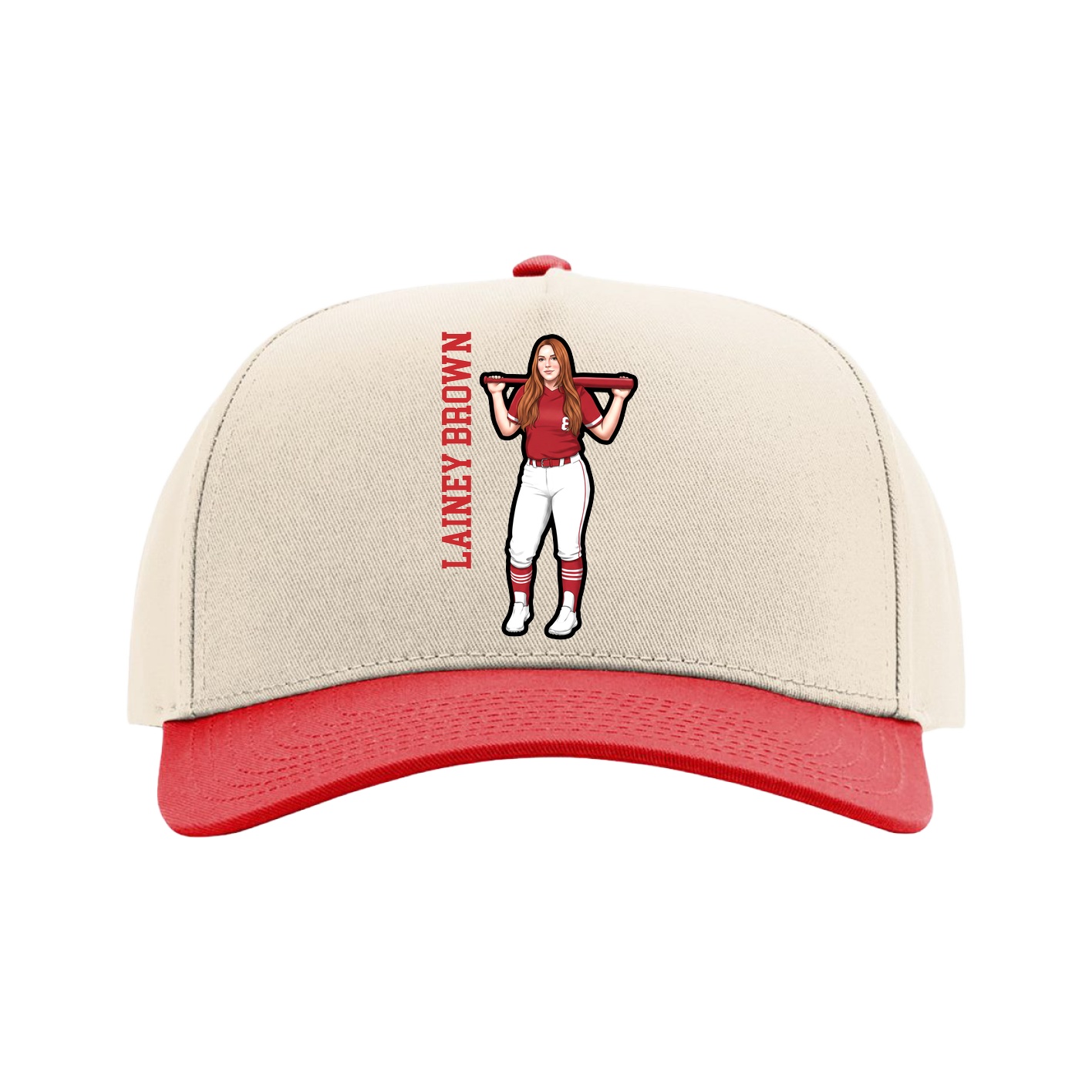 Full Fabric Five-Panel Champ Cap — Name Vertical in Cream/Red