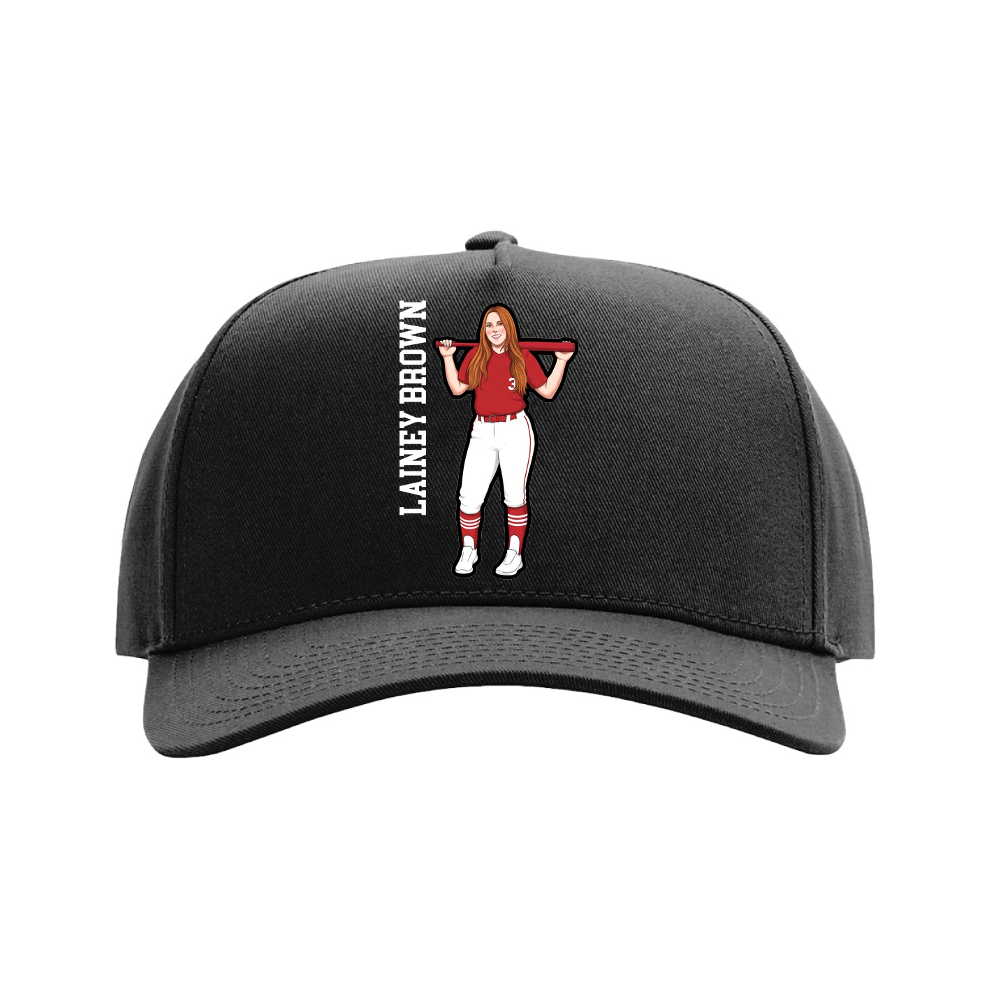 Full Fabric Five-Panel Champ Cap — Name Vertical in Black