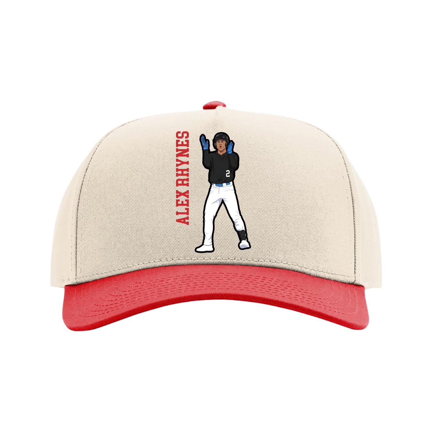Full Fabric Five-Panel Champ Cap — Name Vertical in Cream/Red